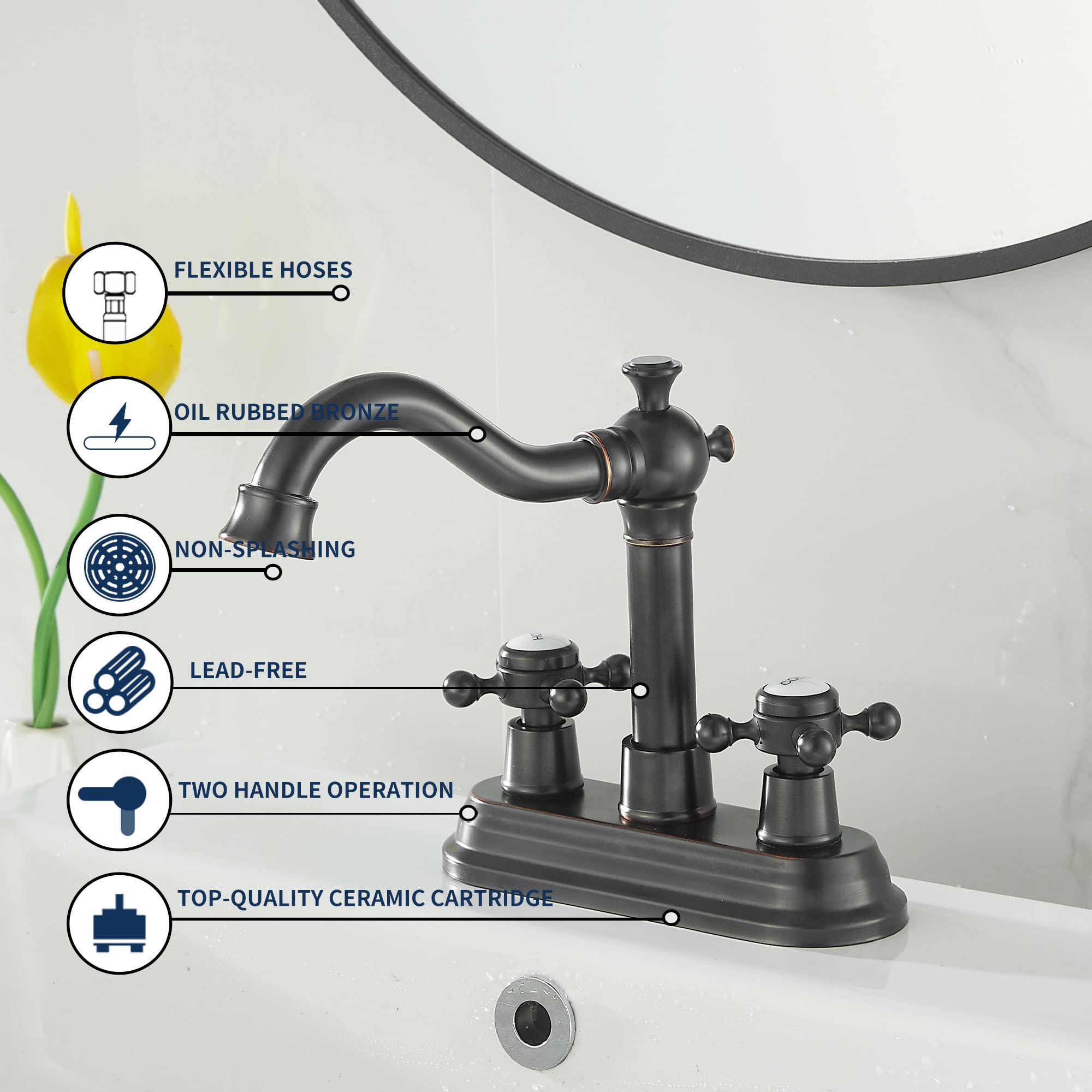 Ggstudy Bathroom Faucet Oil Rubbed Bronze 2 Handles 4 Inches Centerset Rv Vanity With Drain Assembly And Supply Hose