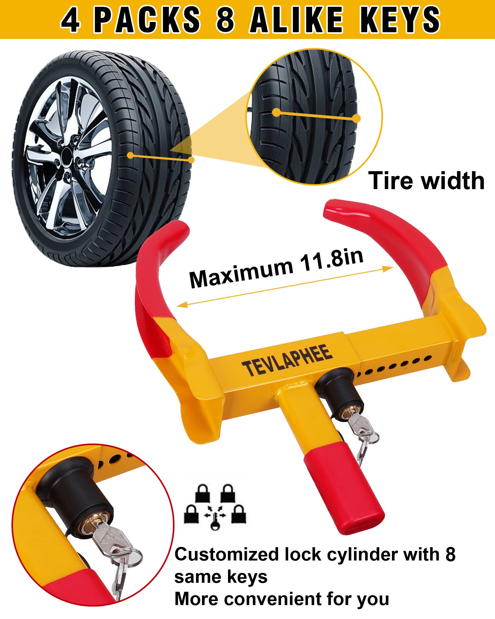 Tevlaphee Anti-Theft Wheel Lock Set, 8 Keyed Alike, Red-Yellow Color, Fits 11.8 Inch Tires, Easy Installation