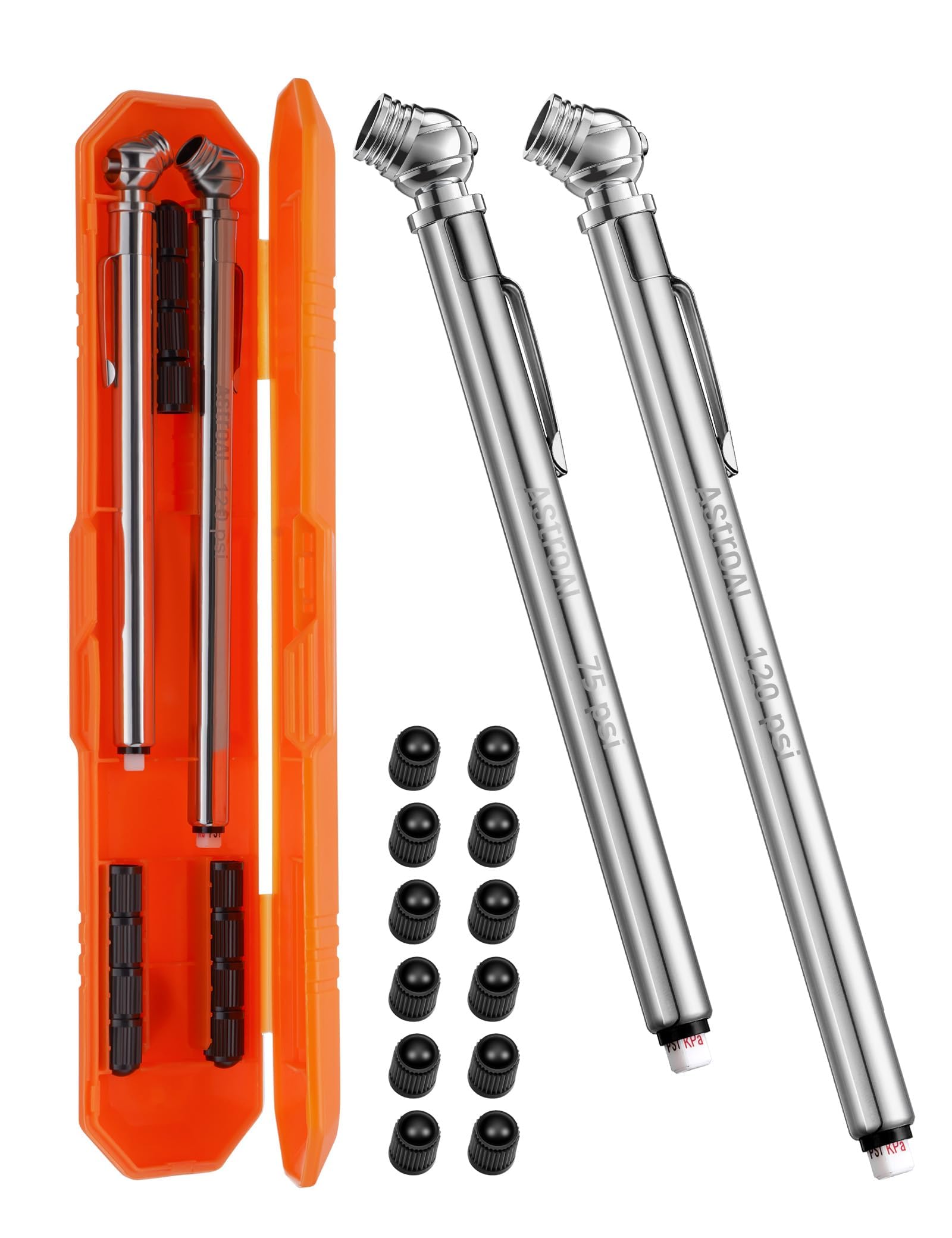 AstroAI Pencil Tire Pressure Gauge 2 Pack (10-75PSI, 10-120PSI 2% Span), Valve Caps with Case, Stainless Steel Body, and Metal M