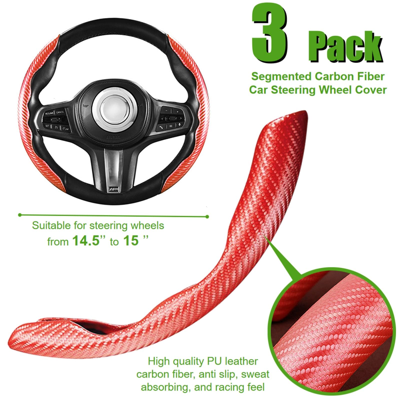 WSSROGY 3 Pack Anti-Skid Segmented Carbon Fiber Car Steering Wheel Cover Protector Universal for Most Car Wheel (Red)