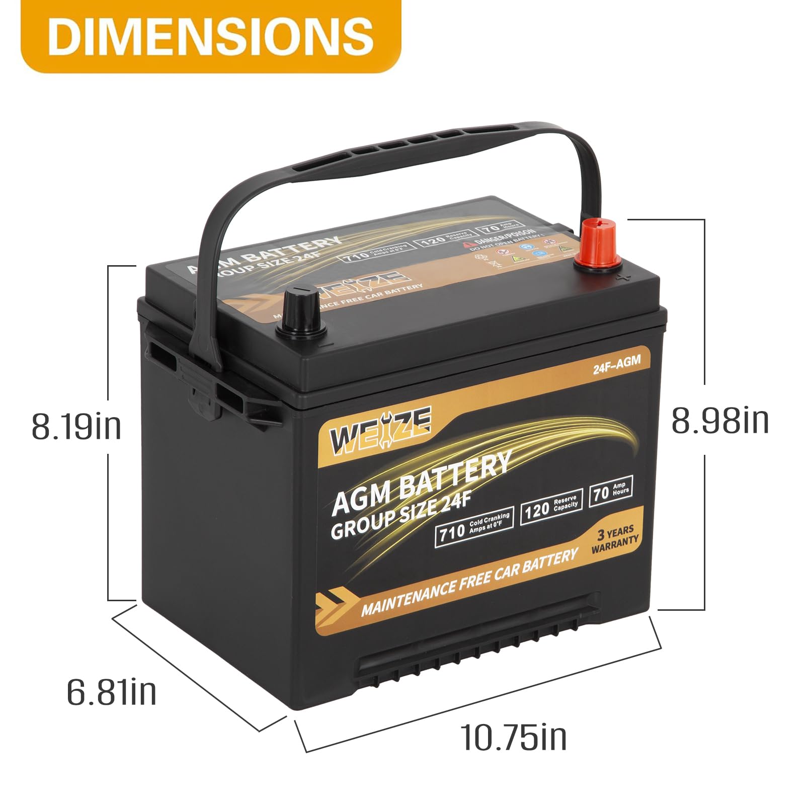 Weize Platinum Agm Battery Bci Group 24F Automotive Battery, 120Rc, 710Cca, 36 Months Warranty