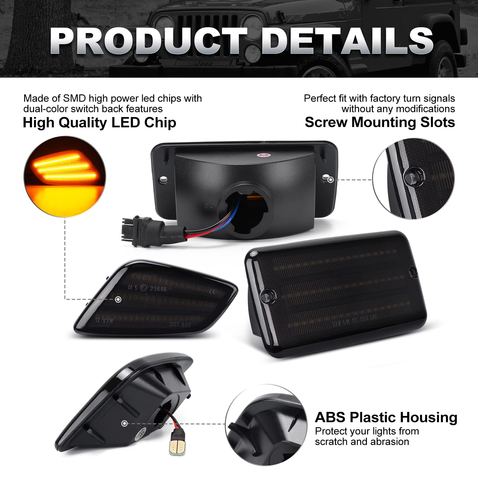 Suparee Led Front Turn Signal Lights And Led Side Marker Lights For Jeep Wrangler Tj 1997-2006, Amber Parking Light Drl And Amber Turn Signal, Smoked Lens 4Pcs