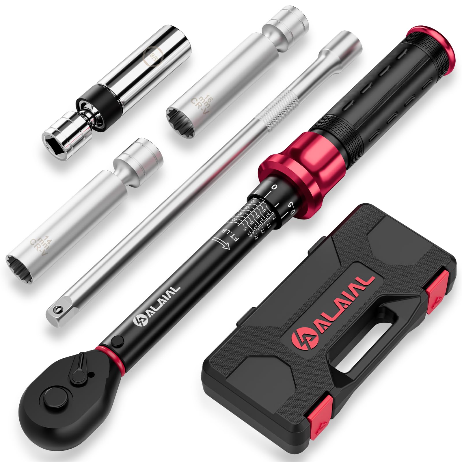 Magnetic Spark Plug Socket Set with Torque Wrench 3/8 Drive, 5-45 ft.lb/6.8-61 Nm, 5PCS Swivel Spark Plug Socket Set with Torque
