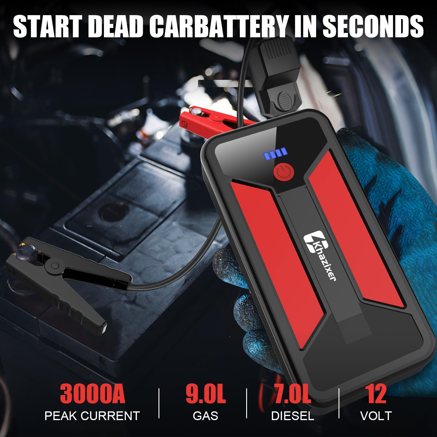 Khazixer ET02 Car Battery Jump Starter 3000A Peak, 12V Portable for Gas/Diesel Engines, Red, Plastic