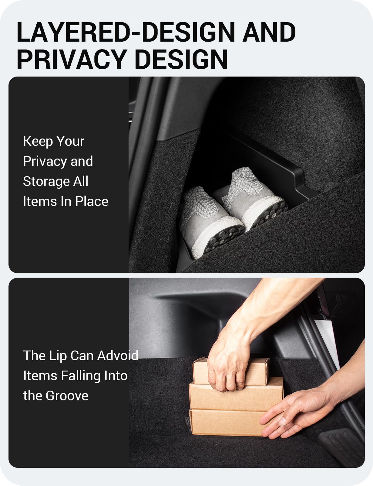 Basenor New Version 2022-2024 Tesla Model Y Trunk Organizer Trunk Storage Bins With Carpeted Lid, Waterproof Rear Side Box Inter