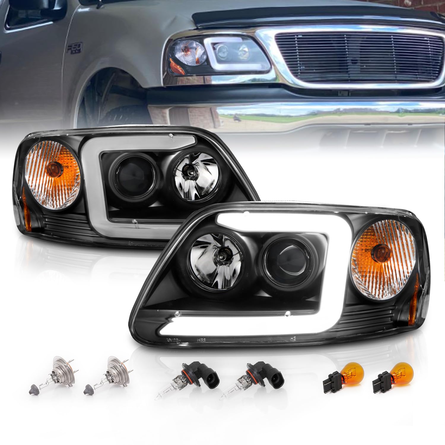 Amerilite For 1997-2003 Ford F150 Expedition Pickup Truck Black C-Type Led Tube Projector Replacement Headlights Set - Driver An