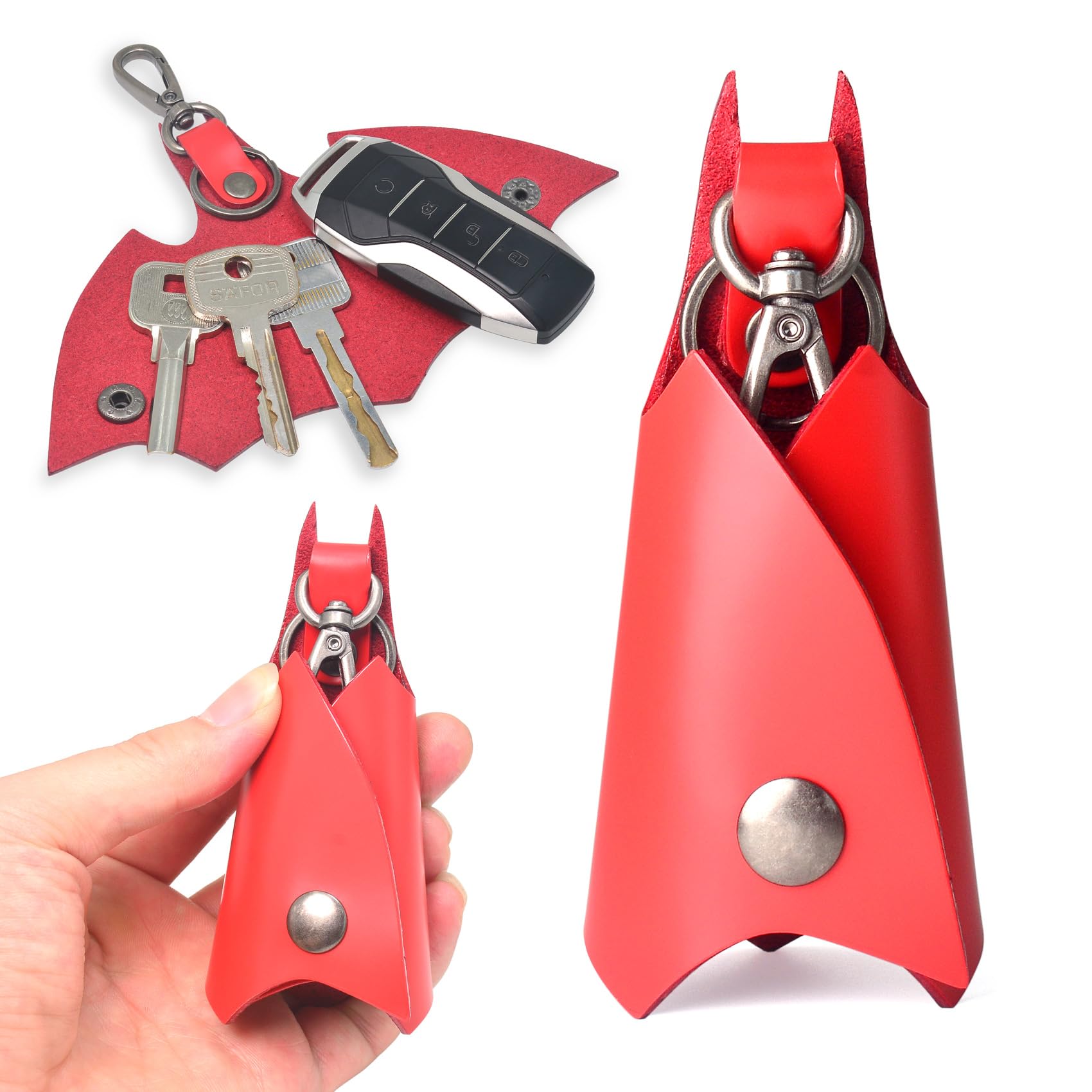 CAILLU KeyChain Leather Bat Shape for men gifts and women Car key fob case,Leather fashion pop keys ring cover holder (red Bat)