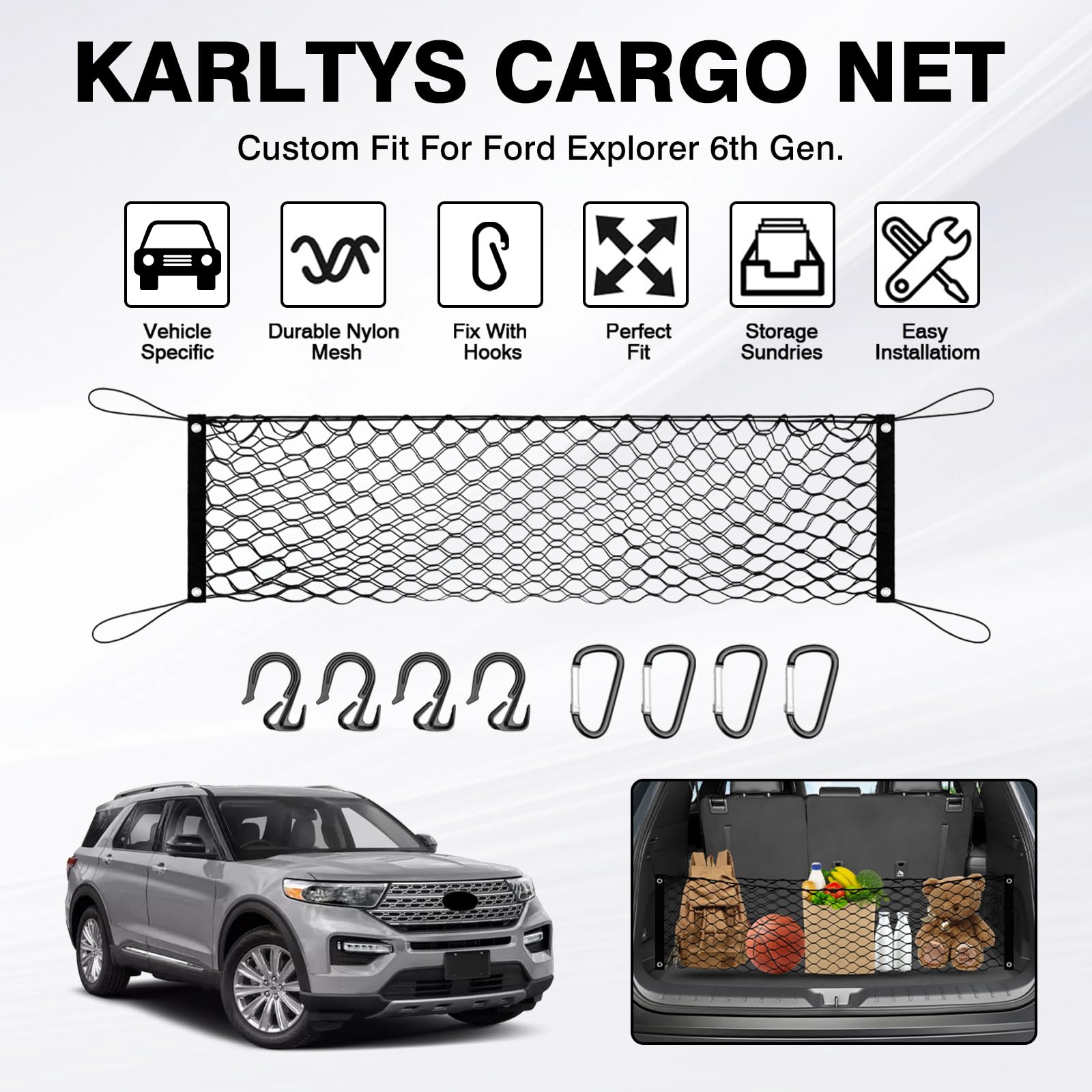 Karltys Envelope Style Cargo Net For 2020-2025 Ford Explorer, Heavy Duty Rear Trunk Mesh Cargo Net For Explorer Accessories, Ela