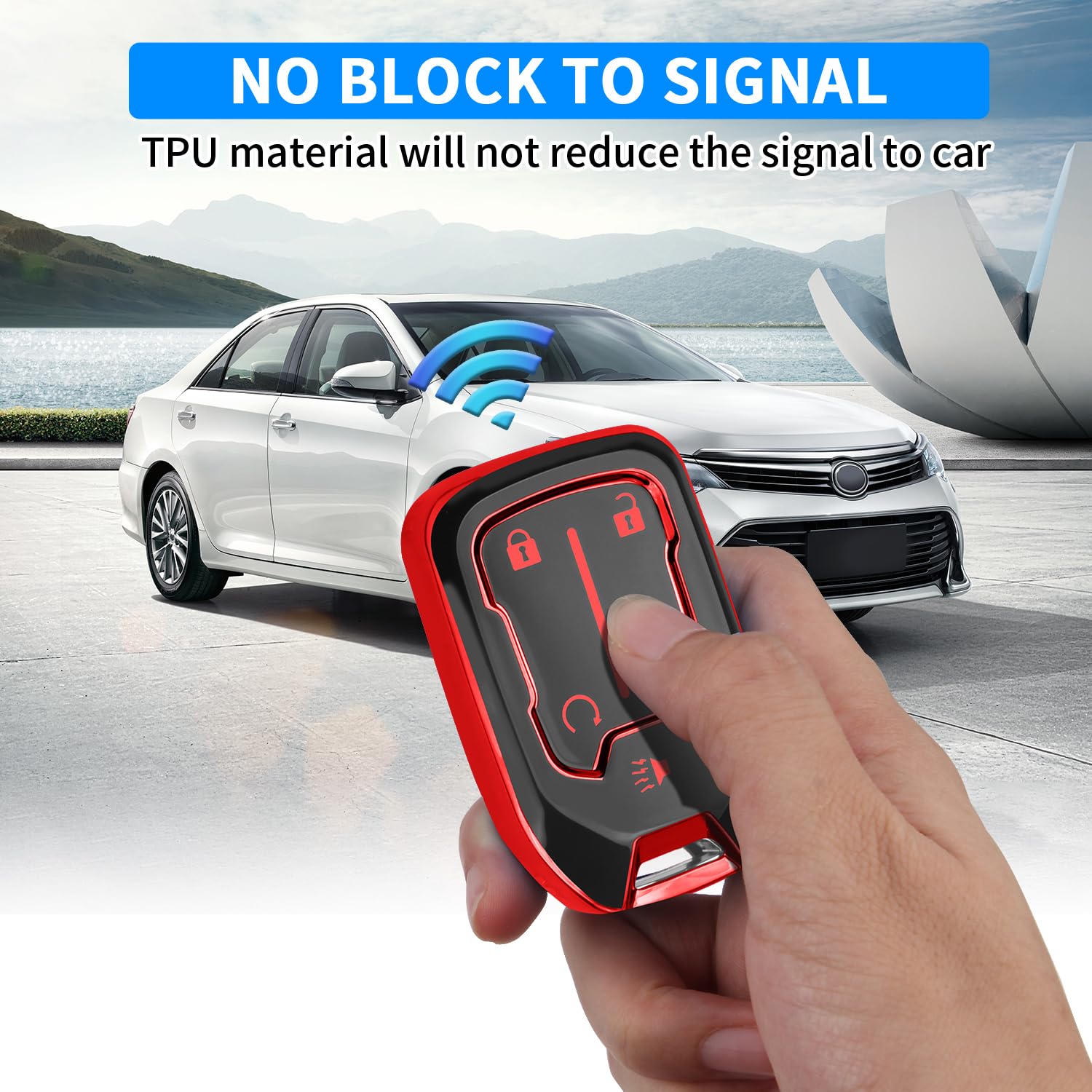 QBUC for GMC Key Fob Cover with Keychain,5 Button Soft TPU GMC Key Fob Cover,Fit for GMC Acadia Sierra Terrain and Chevy (red, 5