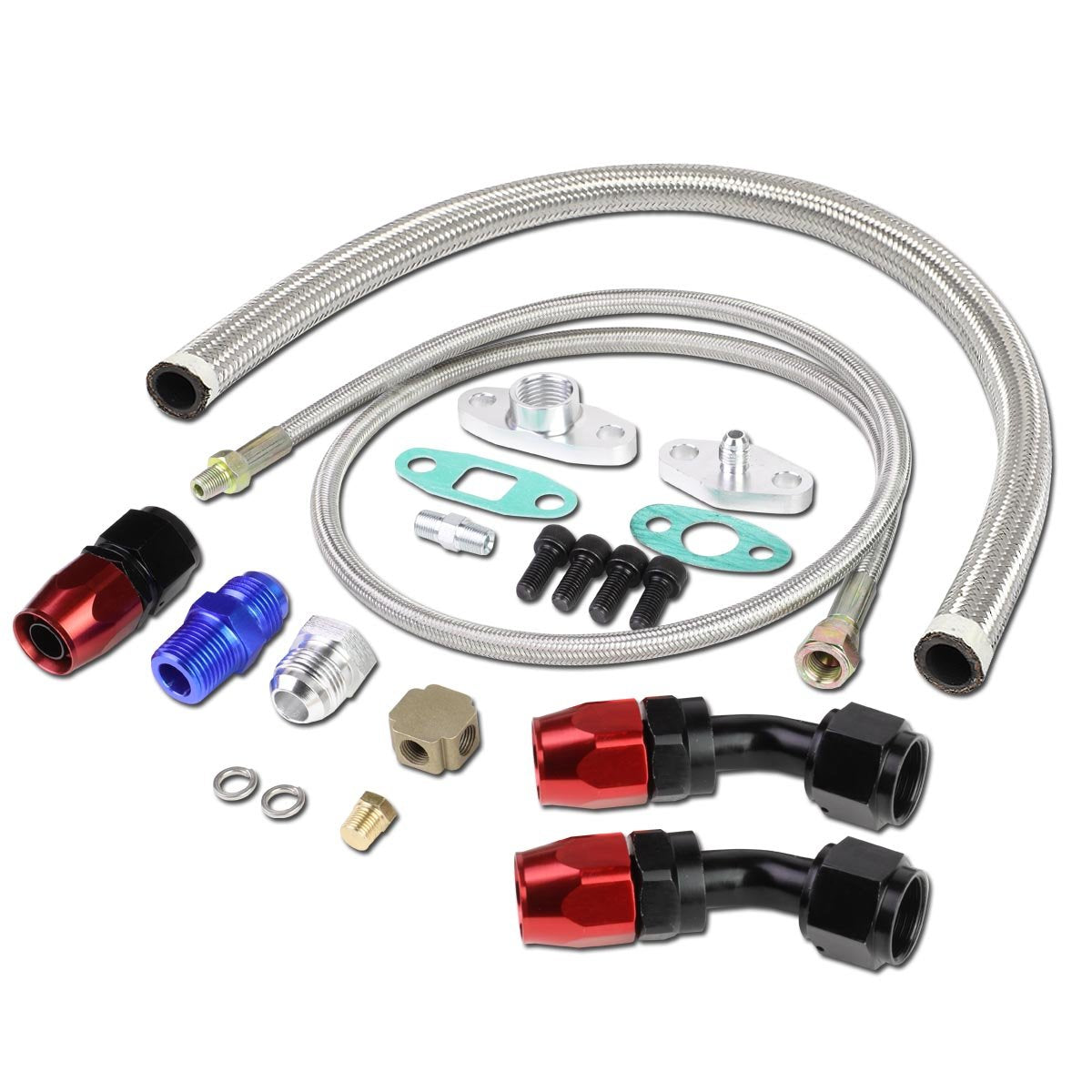 DNA Motoring OFL-KIT-008-SL Universal Turbo Charger Oil Drain/Feed Line Complete Kit,Silver