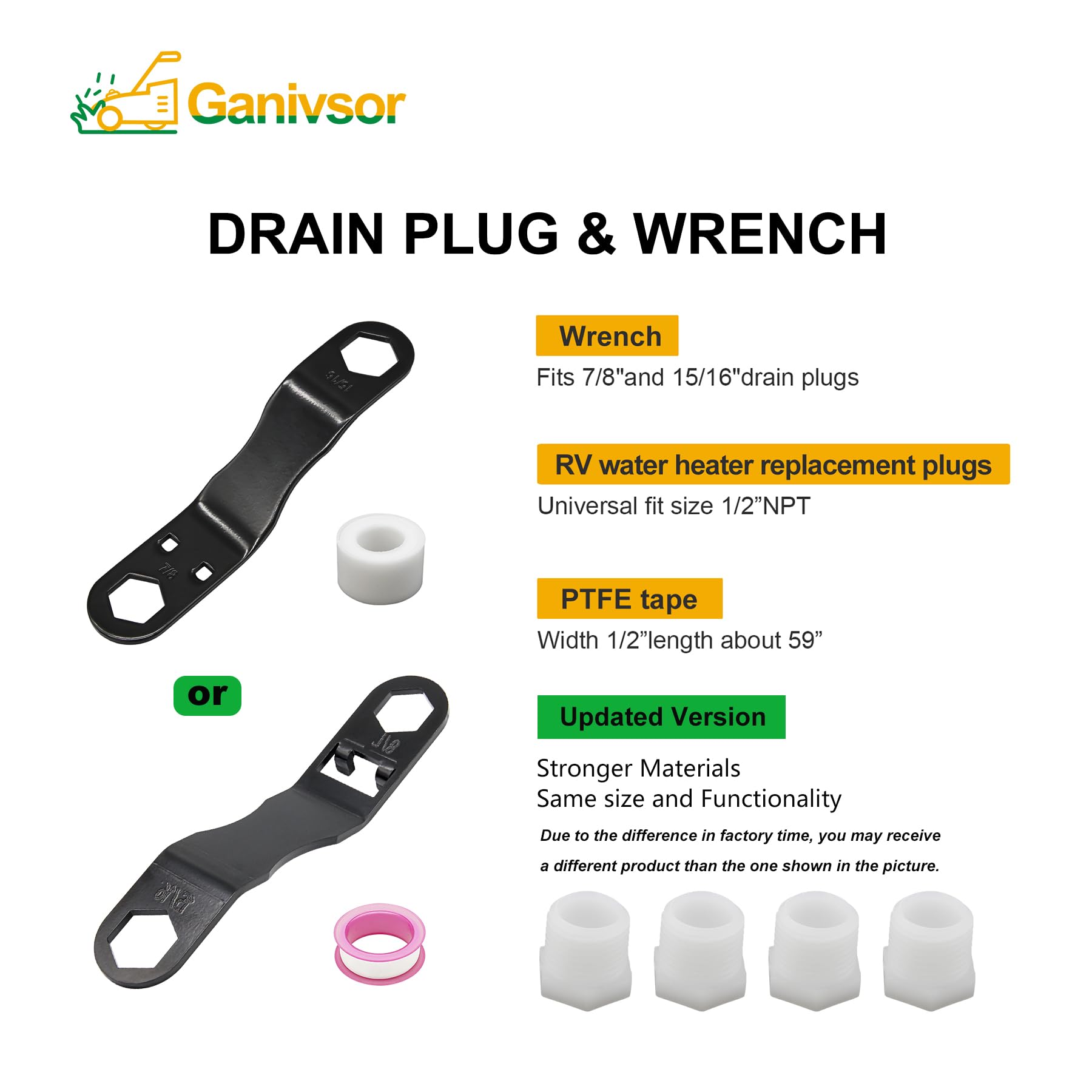 Ganivsor RV Water Heater Drain Plug & Wrench Kit, for RV Camper Water Heater Drain Plugs- Suitable for 7/8'' &15/16'' Drain Plug