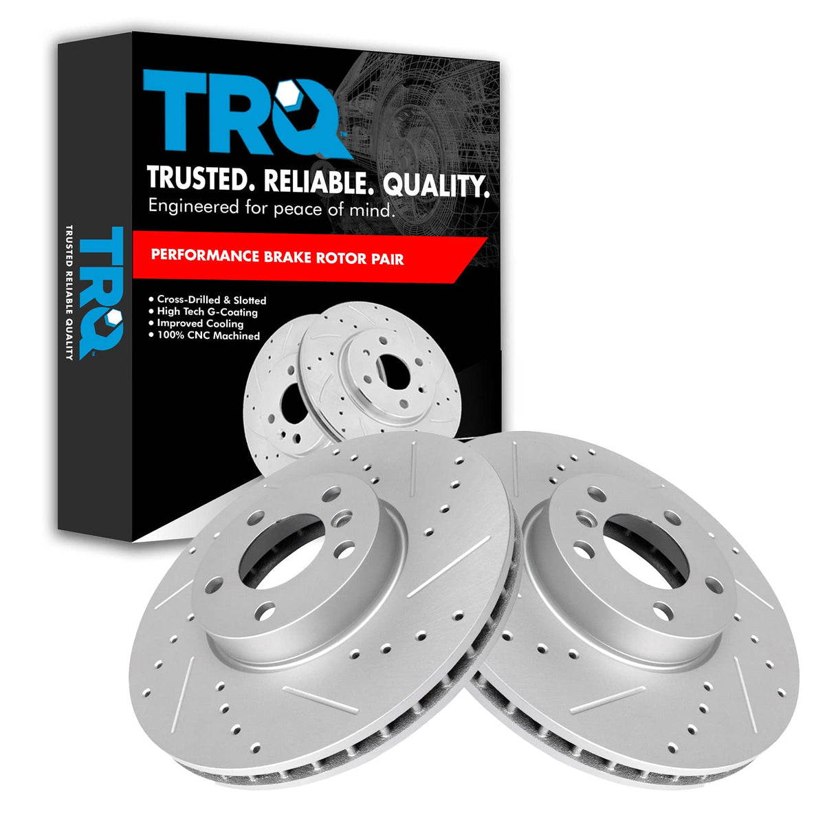 Trq Front Performance Brake Rotors Set Vented Premium G-Coated Cross Drilled & Slotted Compatible With 2007-2018 Bmw X5 2011-201