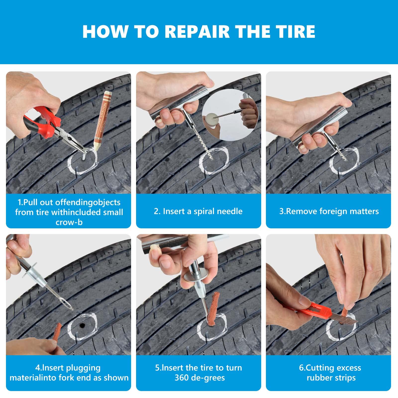 TILIBOTE Tire Repair Kit,117pcs Heavy Duty Tire Plug Kit,with Universal Tire Patch Kit to Plug Flats for Car/Motorcycle/Truck/Tr