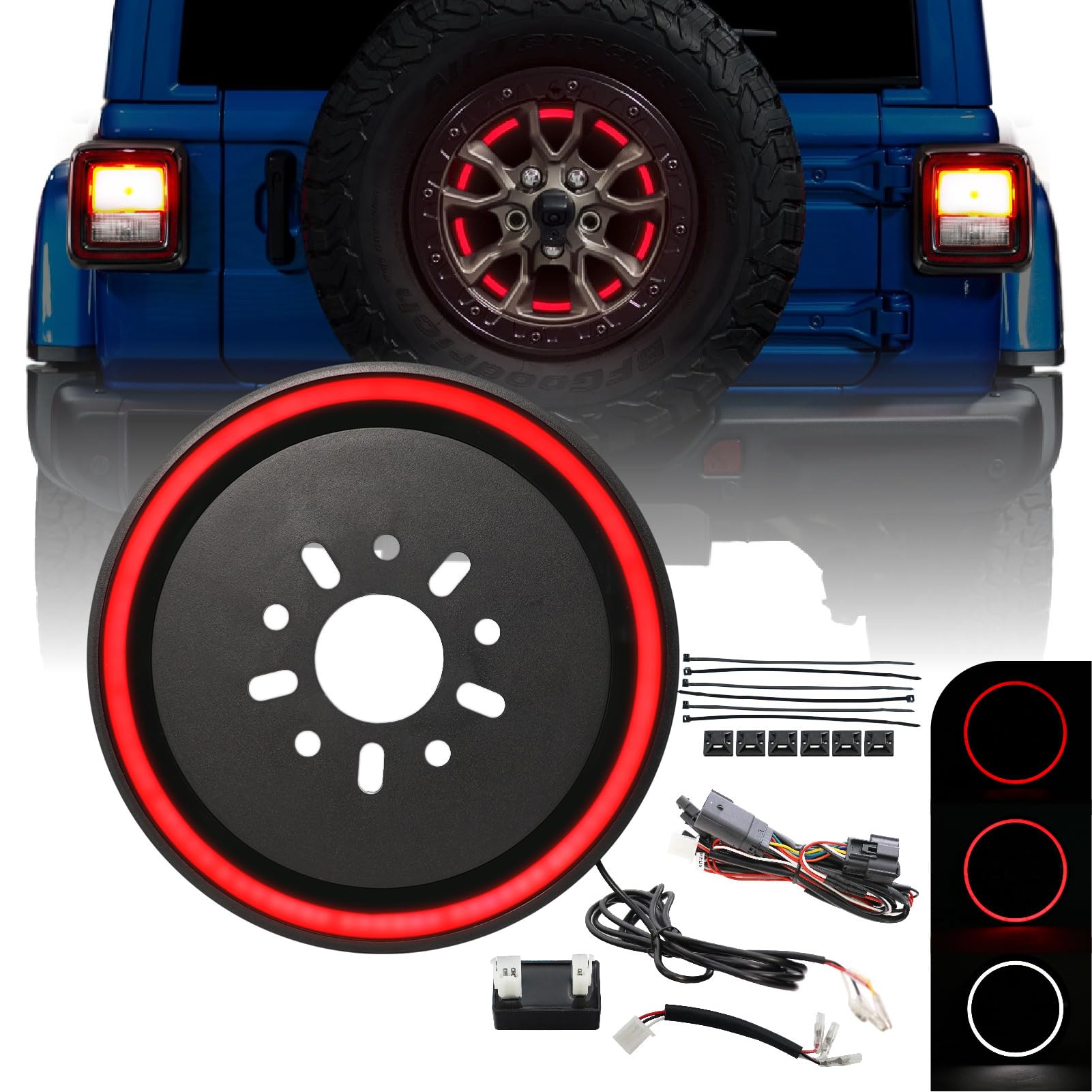 Usr 2018+ Jl Wrangler Spare Tire 3Rd Third Brake Switchback Red/White Led Halo Wheel Light Compatible With 2018-2024 Jeep Wrangl