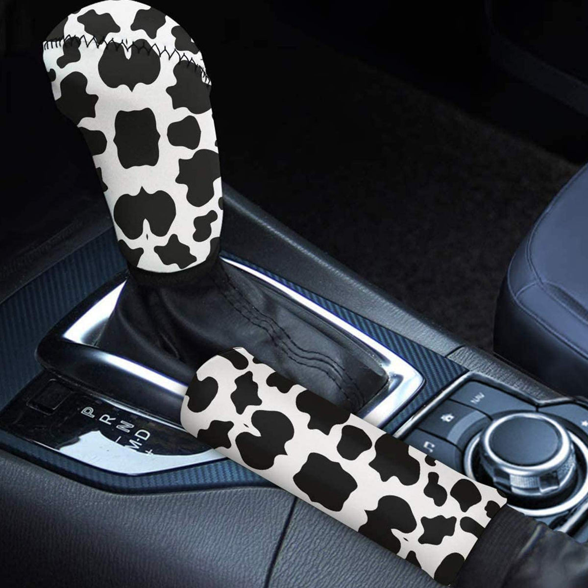 KEIAHUAN Black & White Cow Print Handbrake Cover Gear Shift Knob Cover Set Universal for Car Auto SUV Interior Decoration Access