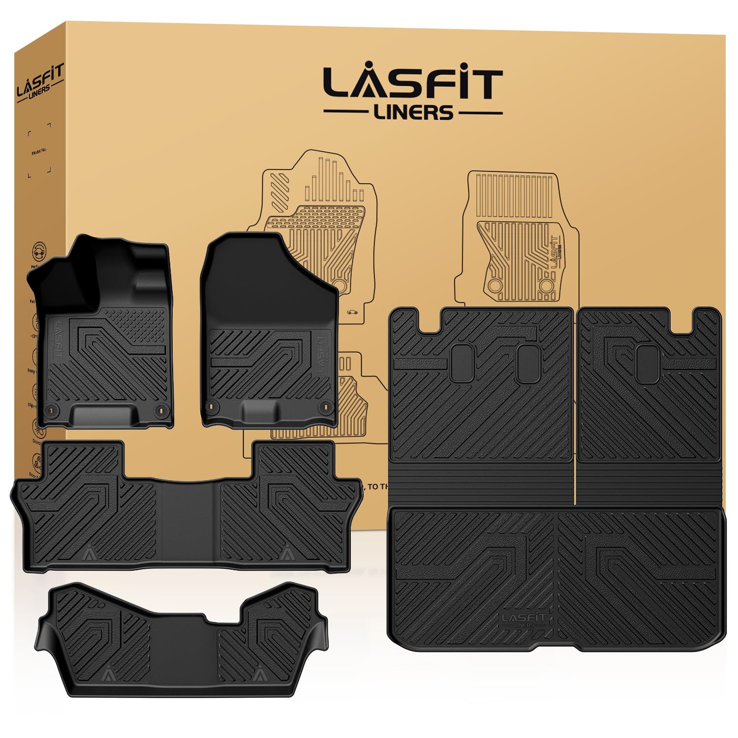 Lasfit Floor Mats & Trunk Mat For Honda Pilot 2016-2022 8 Passenger (No Elite Model), All Weather Tpe Custom Fit Floor Liner Acc