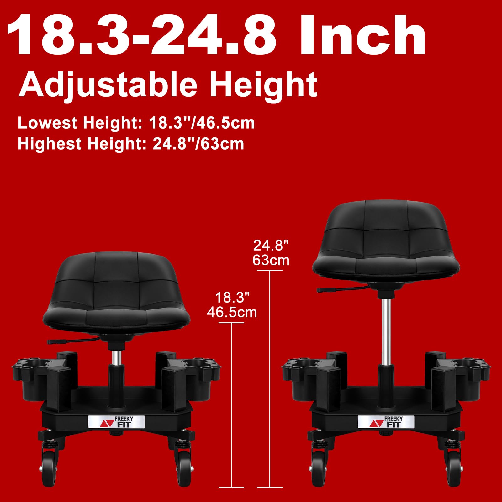 FreekyFit Rolling Stool with Wheels, Adjustable Shop Stool Mechanic Seat, Garage Shop Roller Work Chair, Mobile Rolling Seat wit