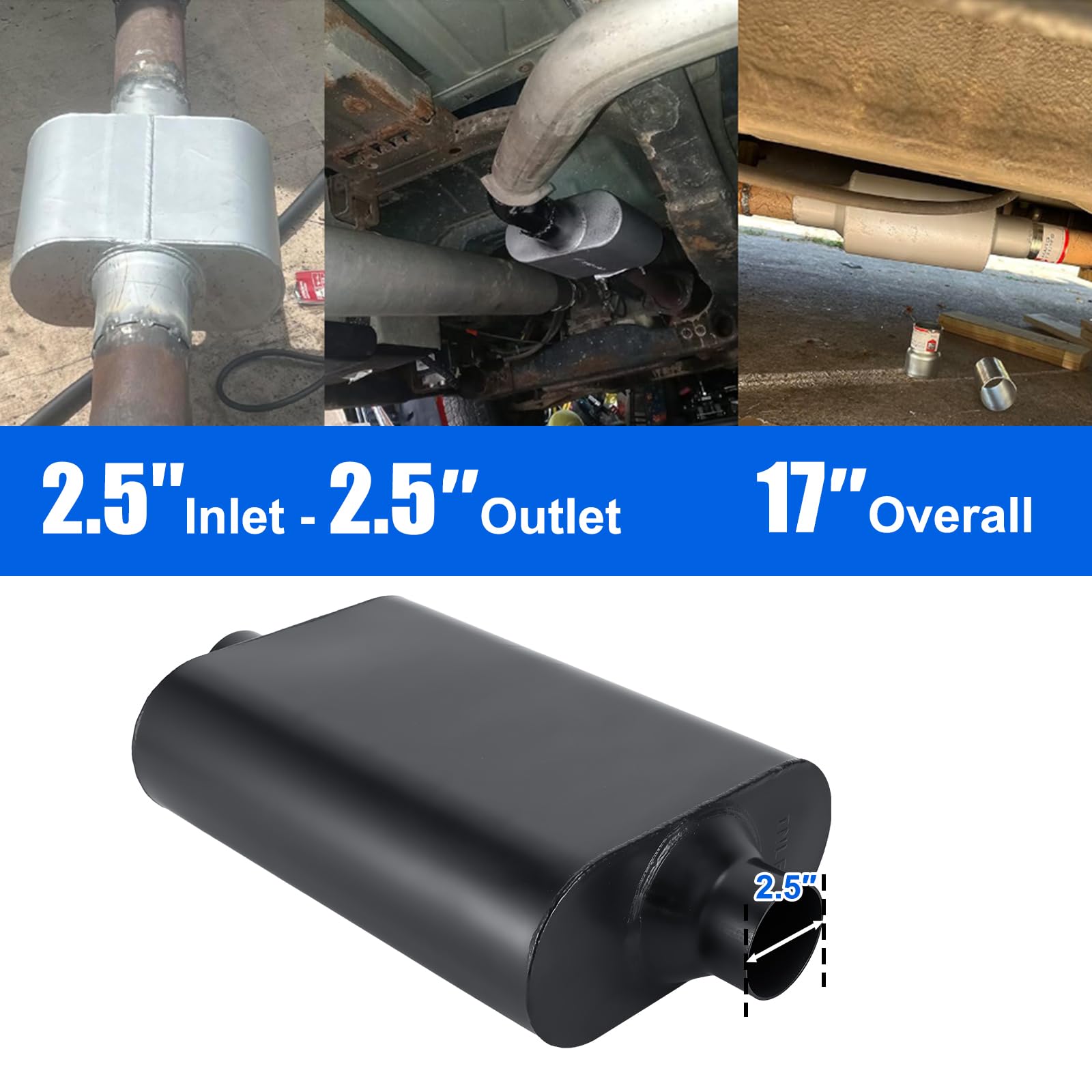 Floshine Universal Mufflers Dual Chamber 2.5'' Inlet (Id) 2.5'' Outlet (Id) Overall 17'' Performance Automotive Muffler Exhaust