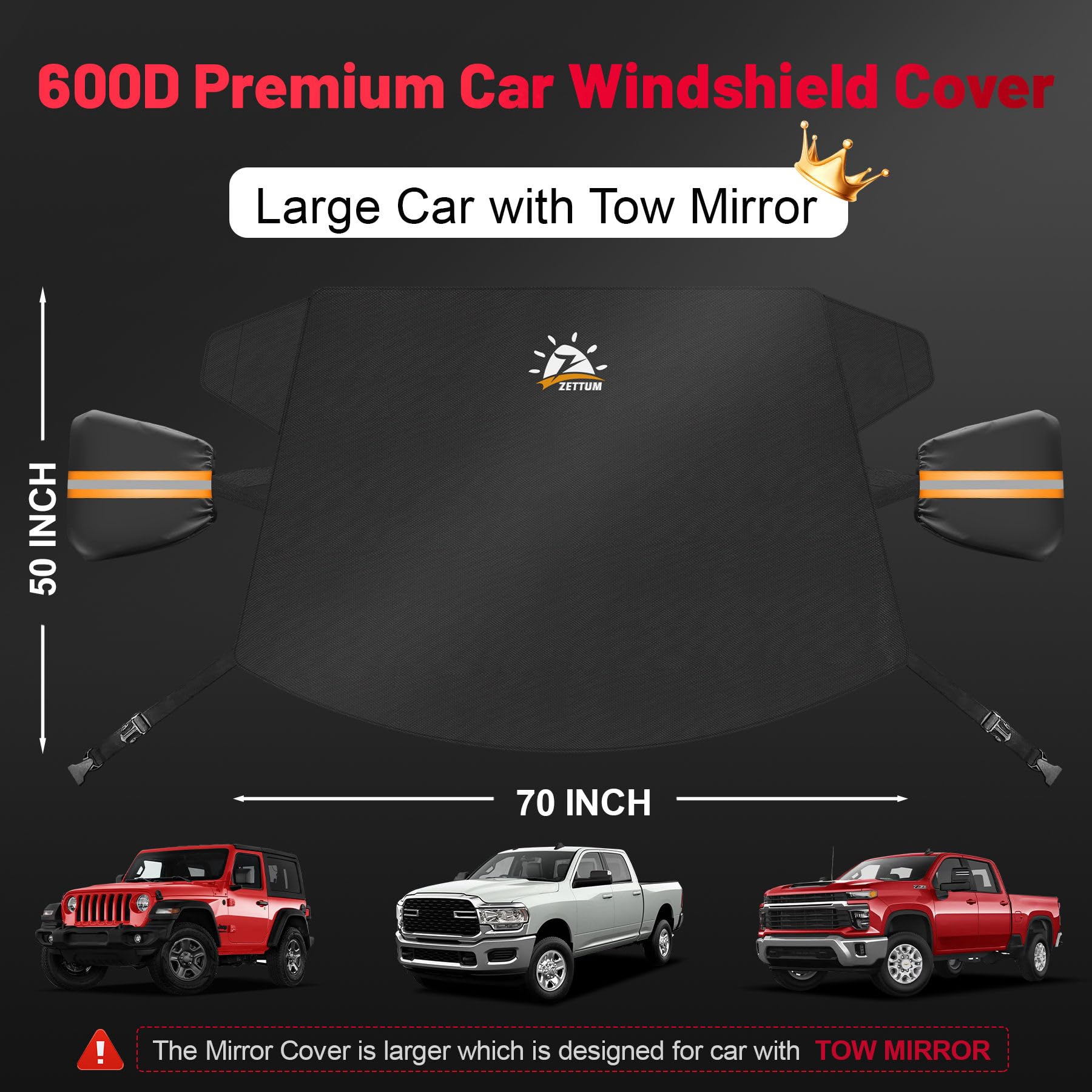 Zettum Car Windshield With Tow Mirror Cover - 600D Windshield Cover For Ice And Snow Windproof & Heavy Duty, Winter Frost Hail P
