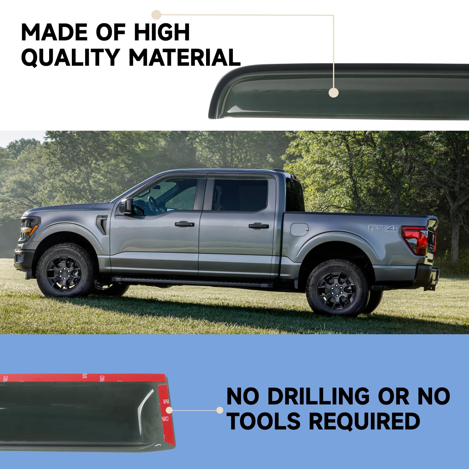 Outside Mount Window Visors Rain Guards Fit for 2015-2024 Ford F150 SuperCrew, Fit for 2017-2024 F150 Raptor F250 F350 F450 F550