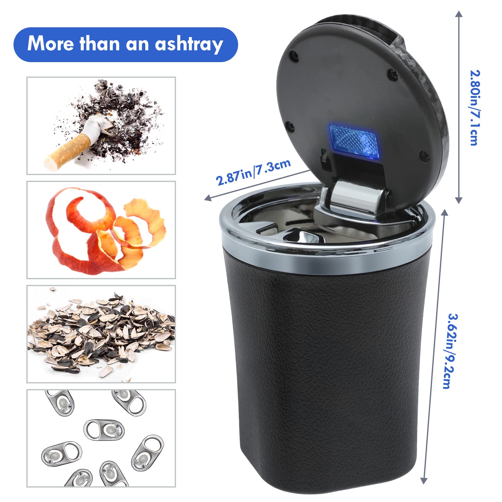 Car Ashtray With Lid Auto Ashtrays Smell Proof Smokeless Ashtray For Car Easy Clean Up Detachable Ash Tray With Led Blue Light (Black)