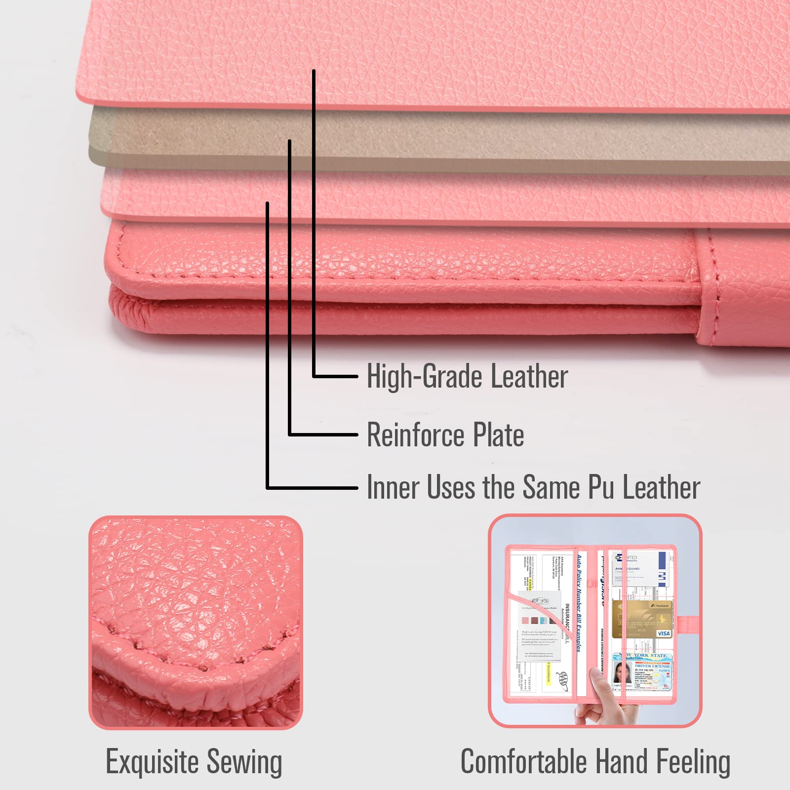 Foryou Car Registration And Insurance Holder With Magnetic Closure, Auto Truck Document Vehicle Glove Box Paperwork Organizer Wallet For Accessories Case, License, Card (Pink)