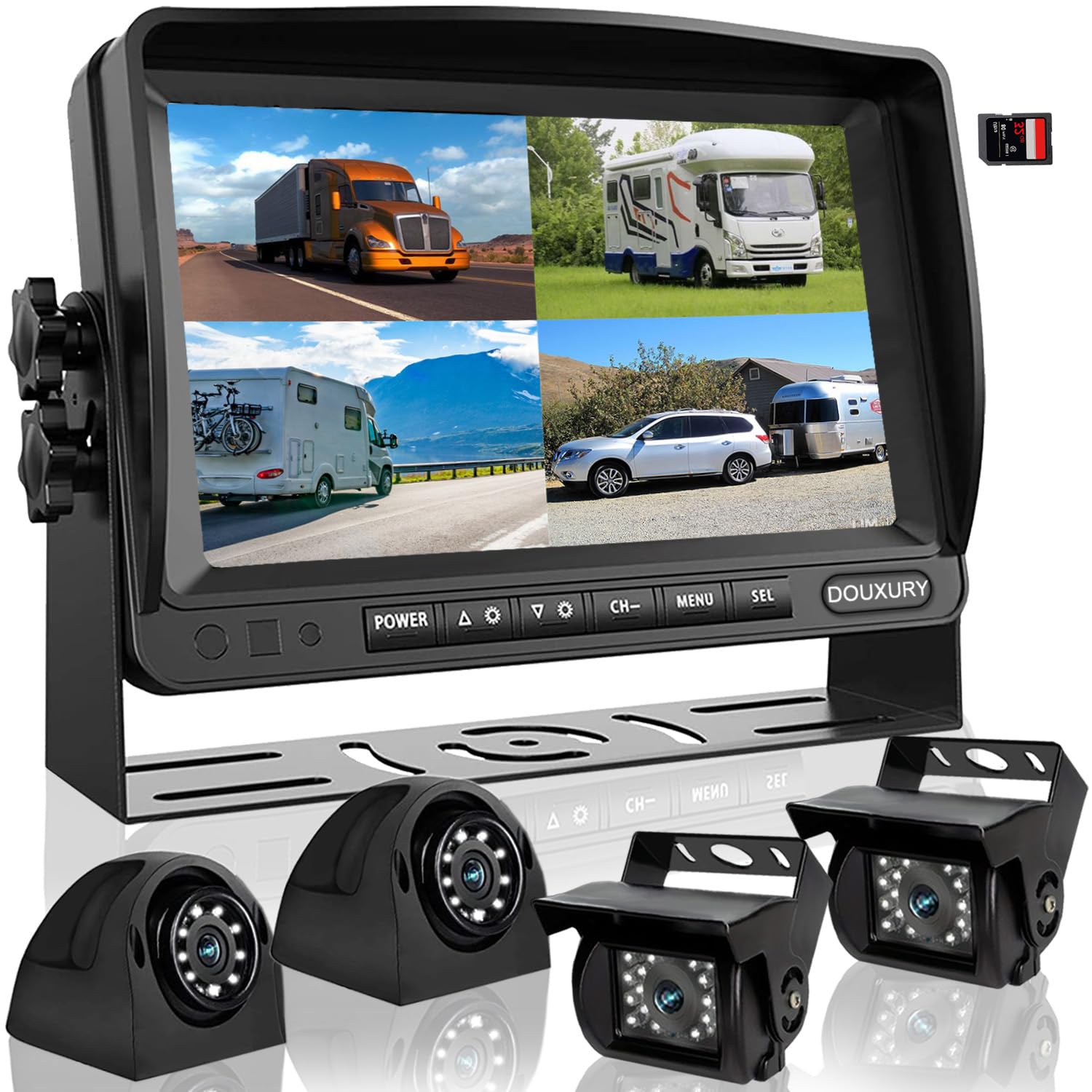 Rv Backup Camera System With 7'' Quad Split 1080P Monitor For Truck Trailer Semi Camper Bus & 4 Ahd Rear Side View Camera With D