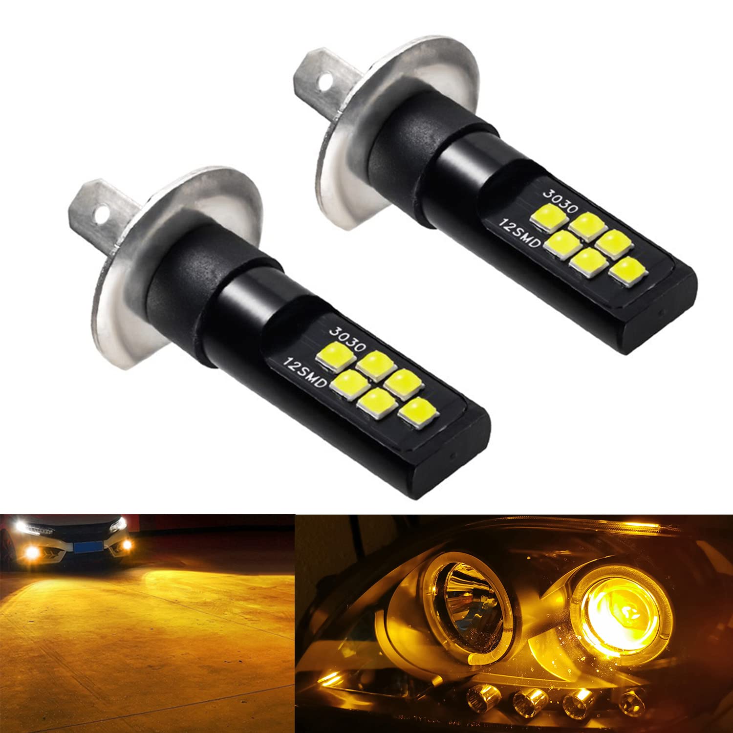 SOCAL-LED LIGHTING 2x H1 LED Fog Light Bulb for Powersports Advanced 3030 SMD Bright Colorful Daytime Running DRL Lamp, Amber Ye