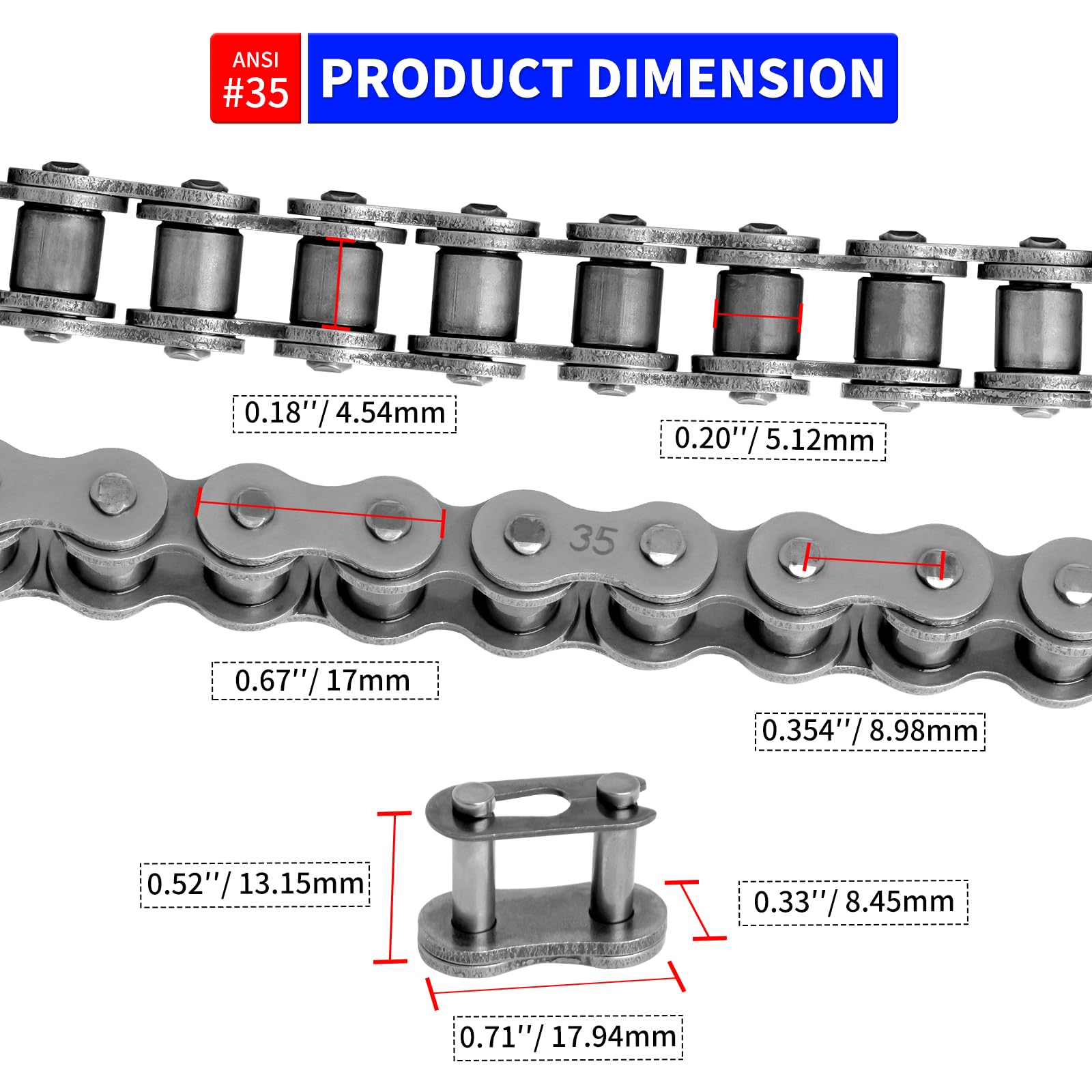 Belleone #35 Roller Chain, 5 Feet 35 Chain With 5 Master Links, Chain Breaker- Carbon Steel Chain For Mini Bike, Go Kart, Motorc