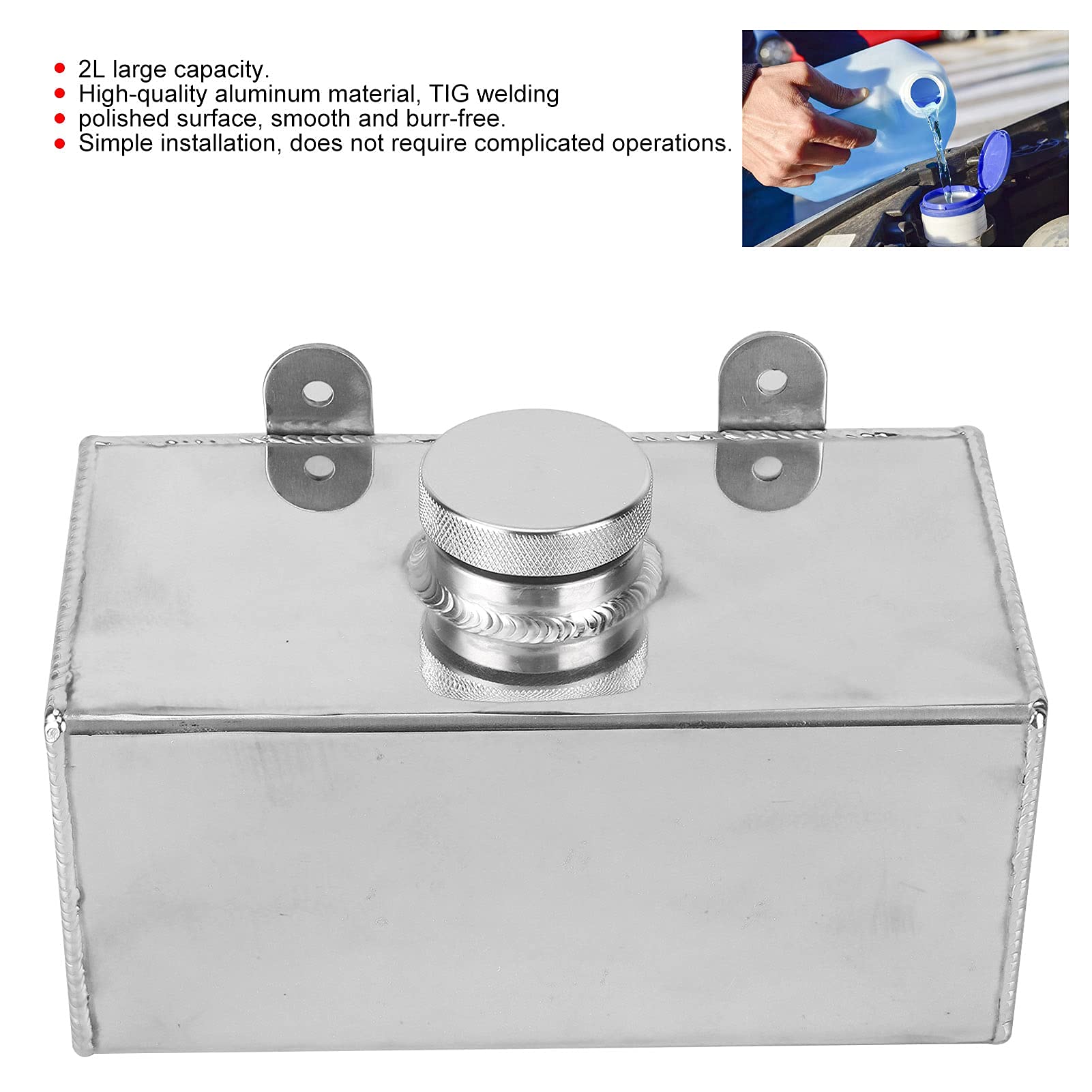 Qiilu Windshield Washer Reservoir Tank, Aluminium Windscreen Washer Bottle 2L Polished Intercooler Spray Tank Universal Car Parts