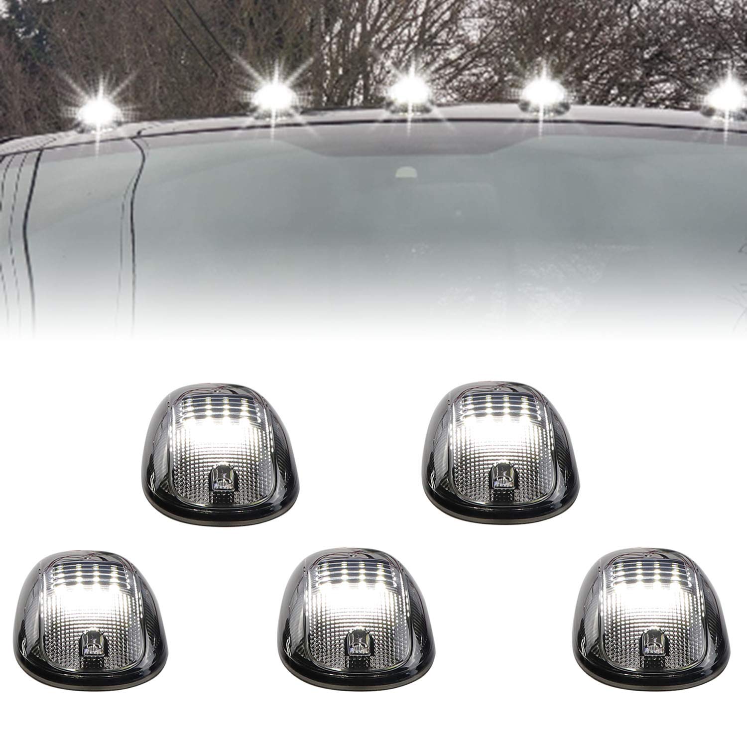 Cab Roof Marker Lights For 03-16 Dodge Ram 1500 2500 3500 (Smoked Lens With 16 White Leds)