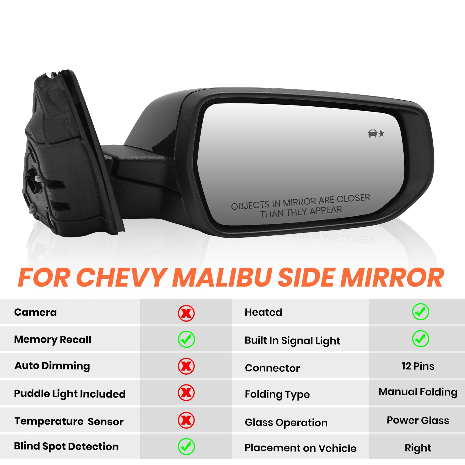 Mofoap Passenger Side View Mirror Compatible With Chevy Malibu 2016 2017 2018 2019 2020 2021 2022,Mirrors With Blind Spot Detect