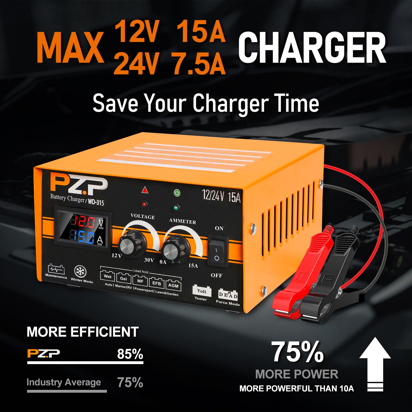 Pz.P 12V 24V Manual Battery Charger Maintainer, 0 To 15A Arbitrarily Adjustable Car Battery Trickle Charger, Battery Desulfator
