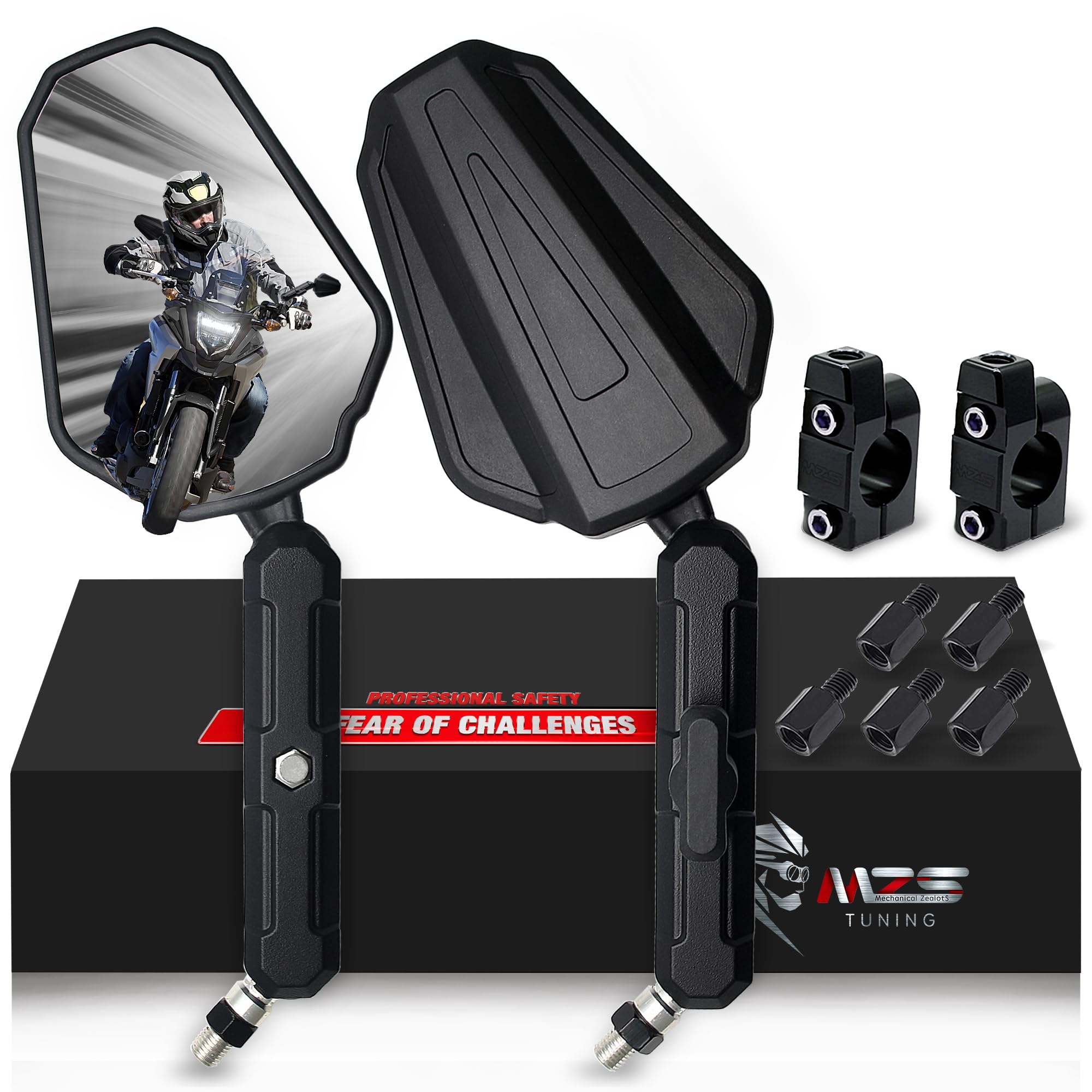 Mzs Adventure Motorcycle Mirrors, 10Mm 8Mm Foldable Motorbike Rear View Handlebar Side Mirror With Aluminum Mount Black Fit For