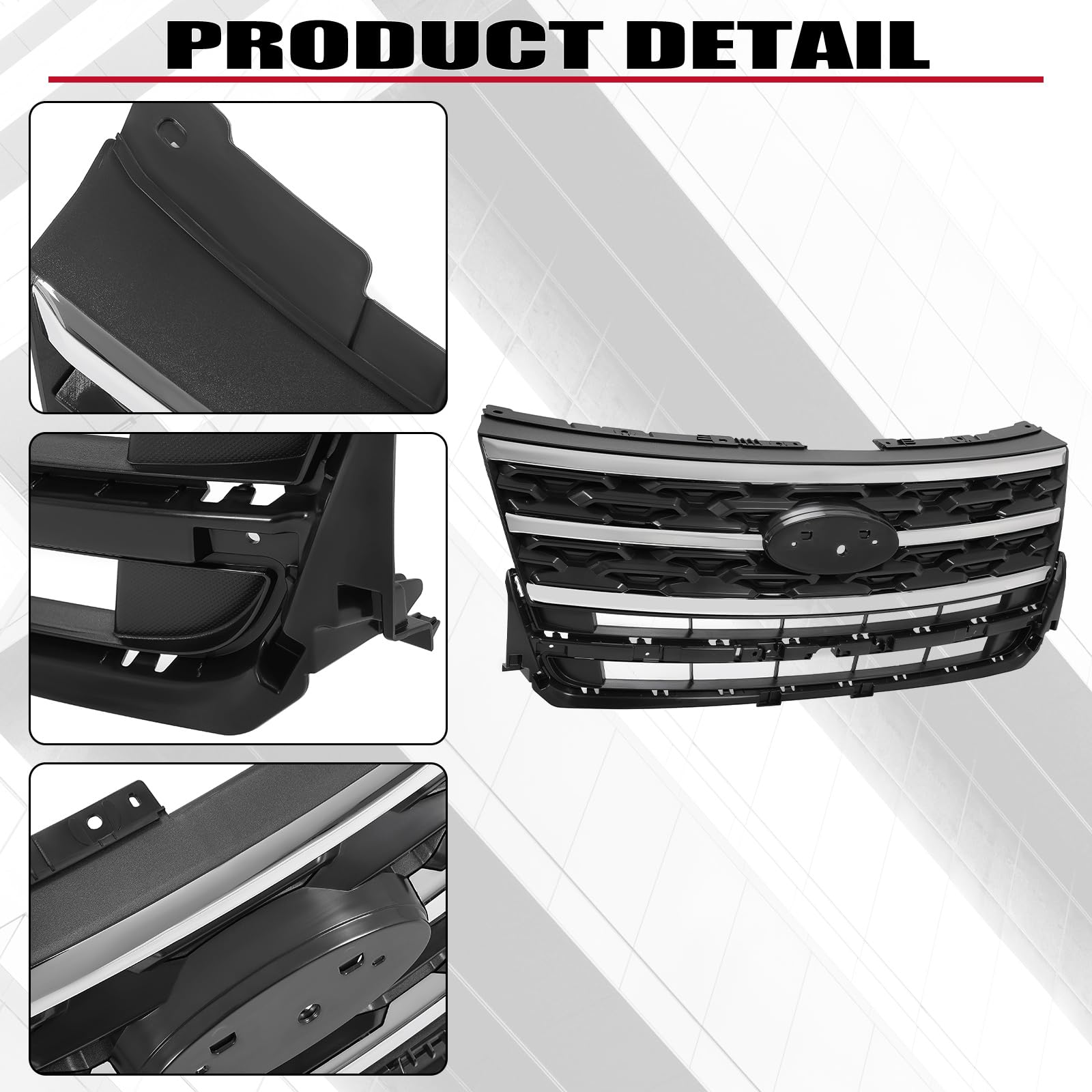 HECASA Front Grille Grill Compatible with 2018-2019 Ford Explorer Front Bumper Upper Hood Grill Chrome Black & Silvery