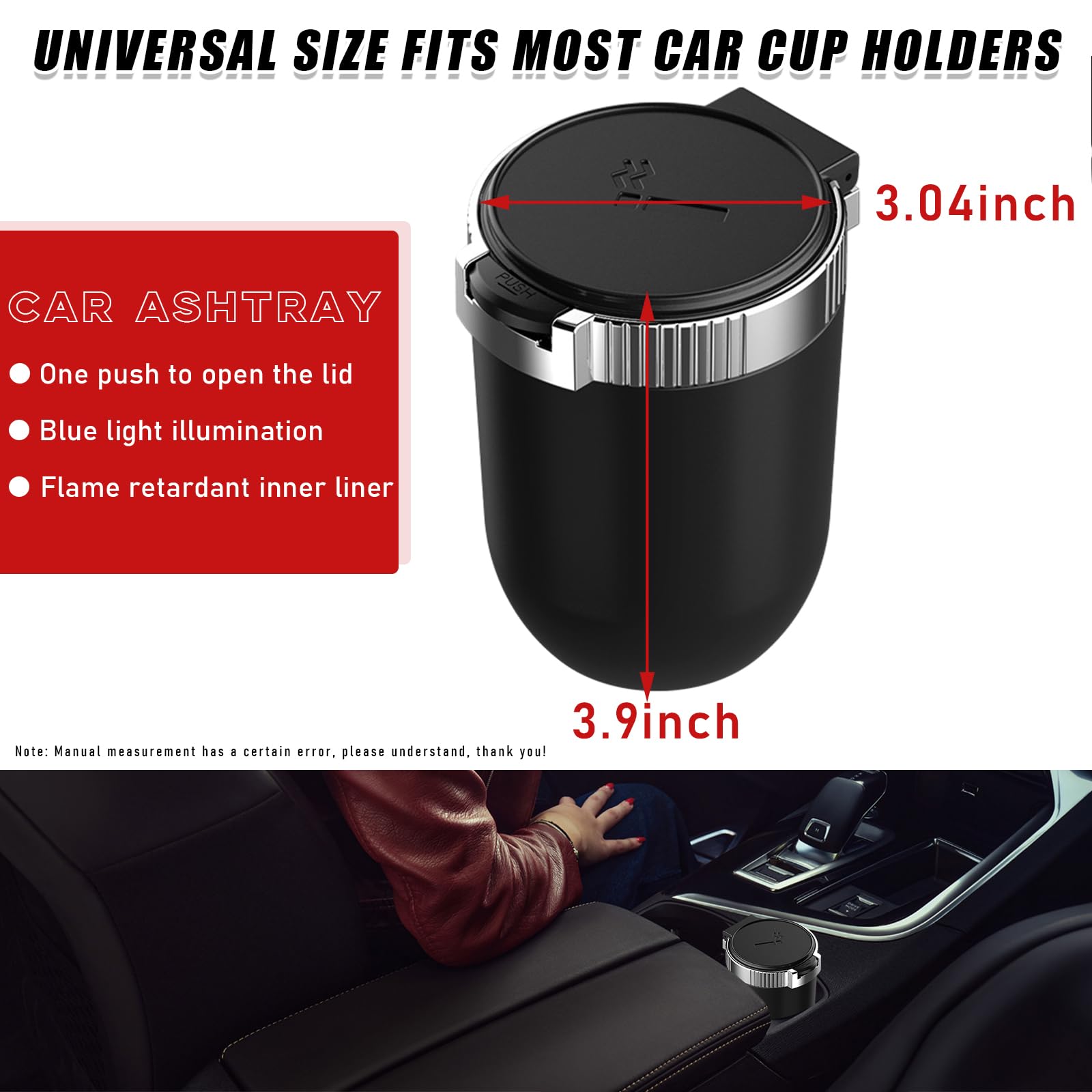 Dickno Car Ashtray with Lid, Detachable Stainless Smokeless Auto Ashtray, Portable Mini Vehicle Trash Can with LED Blue Light, U