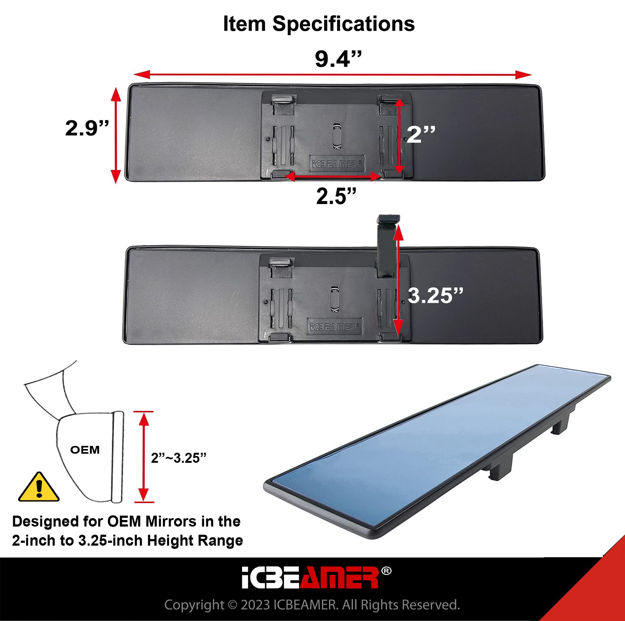 Icbeamer 9.5'' Car Rear View Mirror, Clear Blue Tint Flat Surface, 240Mm Panoramic Wide Angle Blindspot Mirror For Car,Rubber Cl