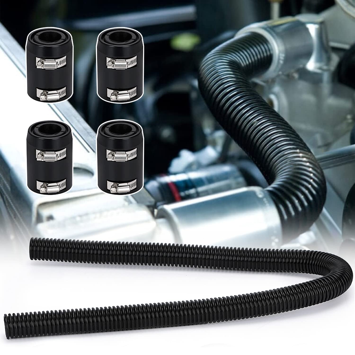 Hypertune Universal 48'' Stainless Steel Radiator Flexible Coolant Water Hose Kit With 4Pcs Clamp 1.25'' 1.5'' 1.75'' Black