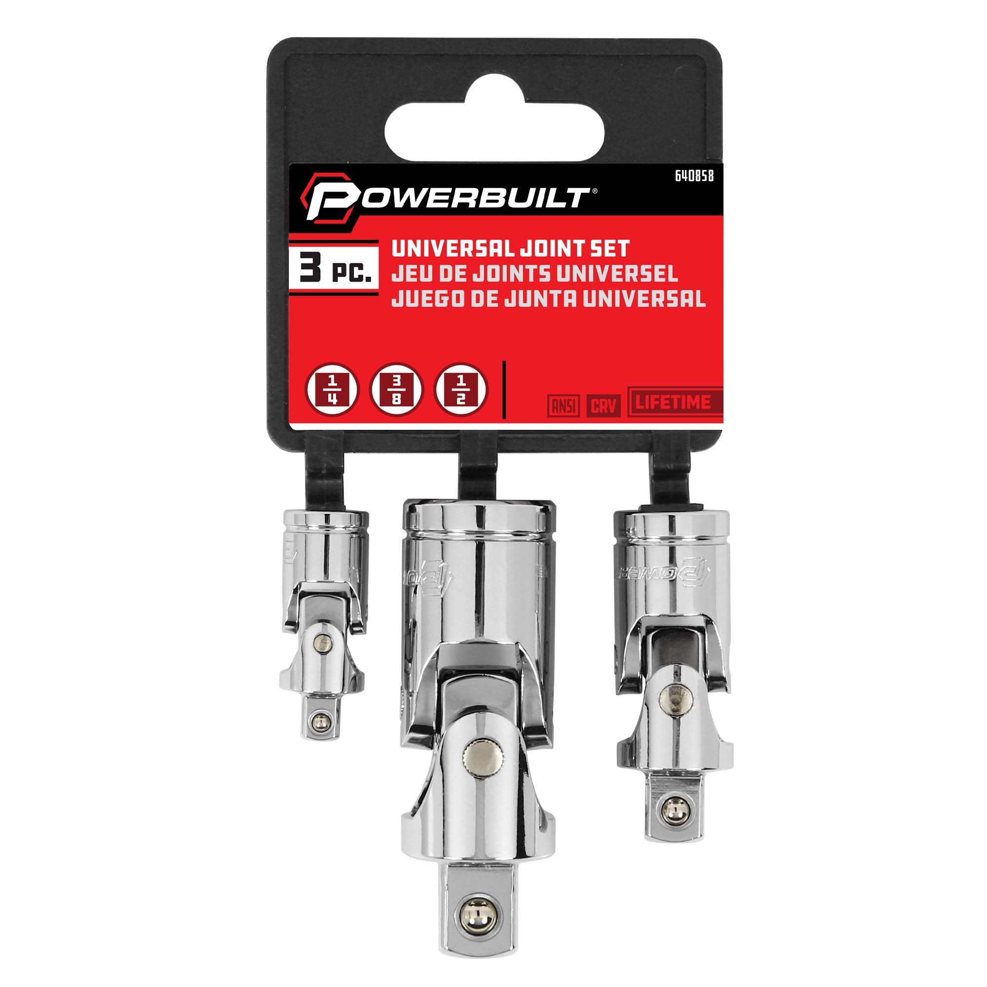 Powerbuilt 640858 3 Piece Universal Joint Set, Silver, 1/4'', 3/8'' & 1/2'' Drive