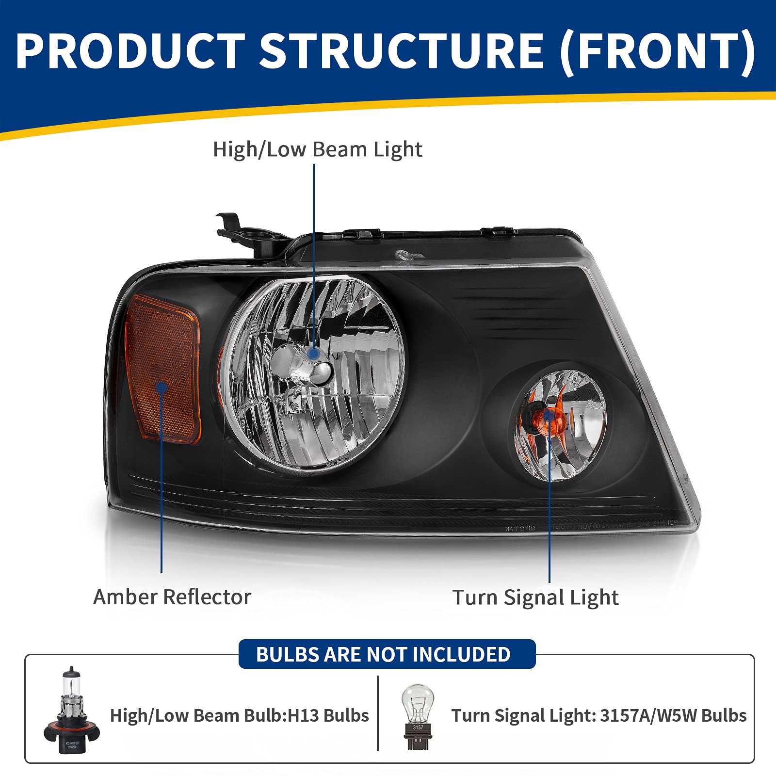Autosaver88 Headlight Assembly Compatible With 97-03 Ford F-150/97-02 Ford Expedition Pickup Headlamp Replacement Chrome Housing