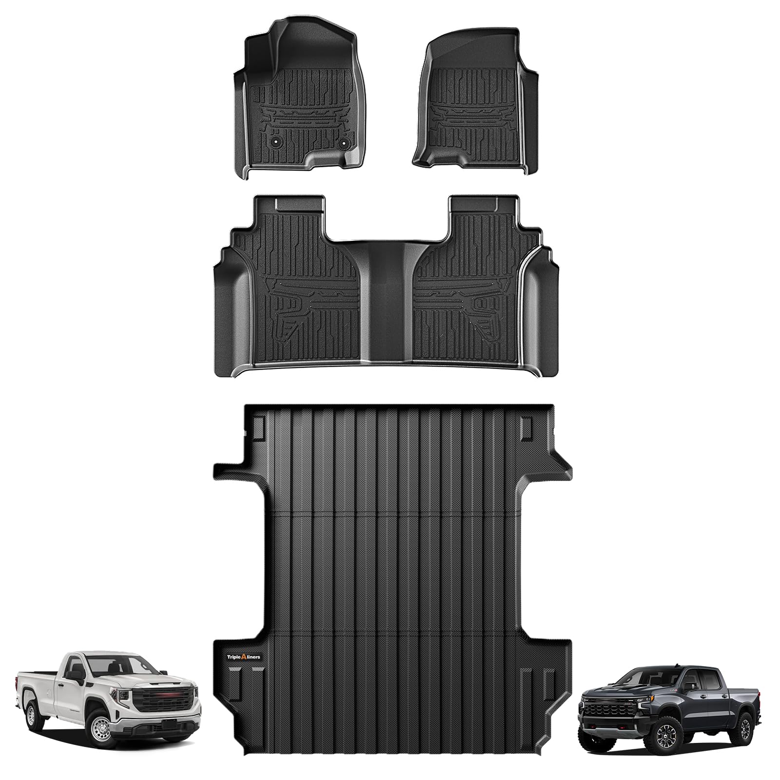 Triplealiners Truck Bed Mat & Floor Mats Front Rear Full Set Compatible With 2019-2024 2025 Chevy Silverado/Gmc Sierra 1500 Crew