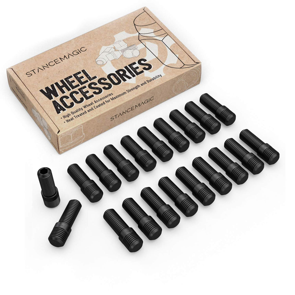 20pcs Black Wheel Stud Conversion - 14x1.5 to 12x1.5, 50mm Total Length, 32mm Shank Length - Compatible with Audi Mercedes Volks