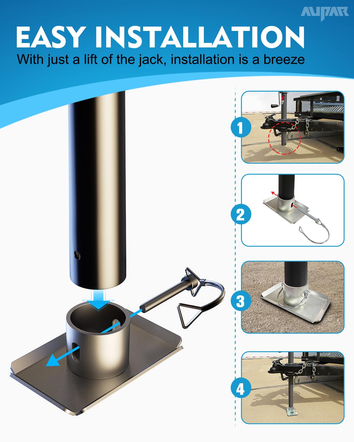 Aupar Trailer Jack Foot Plate with Pin Base, 5000lbs Capacity Trailer Jack Foot Pad Compatible with Boat Trailer Jack Tongue Par