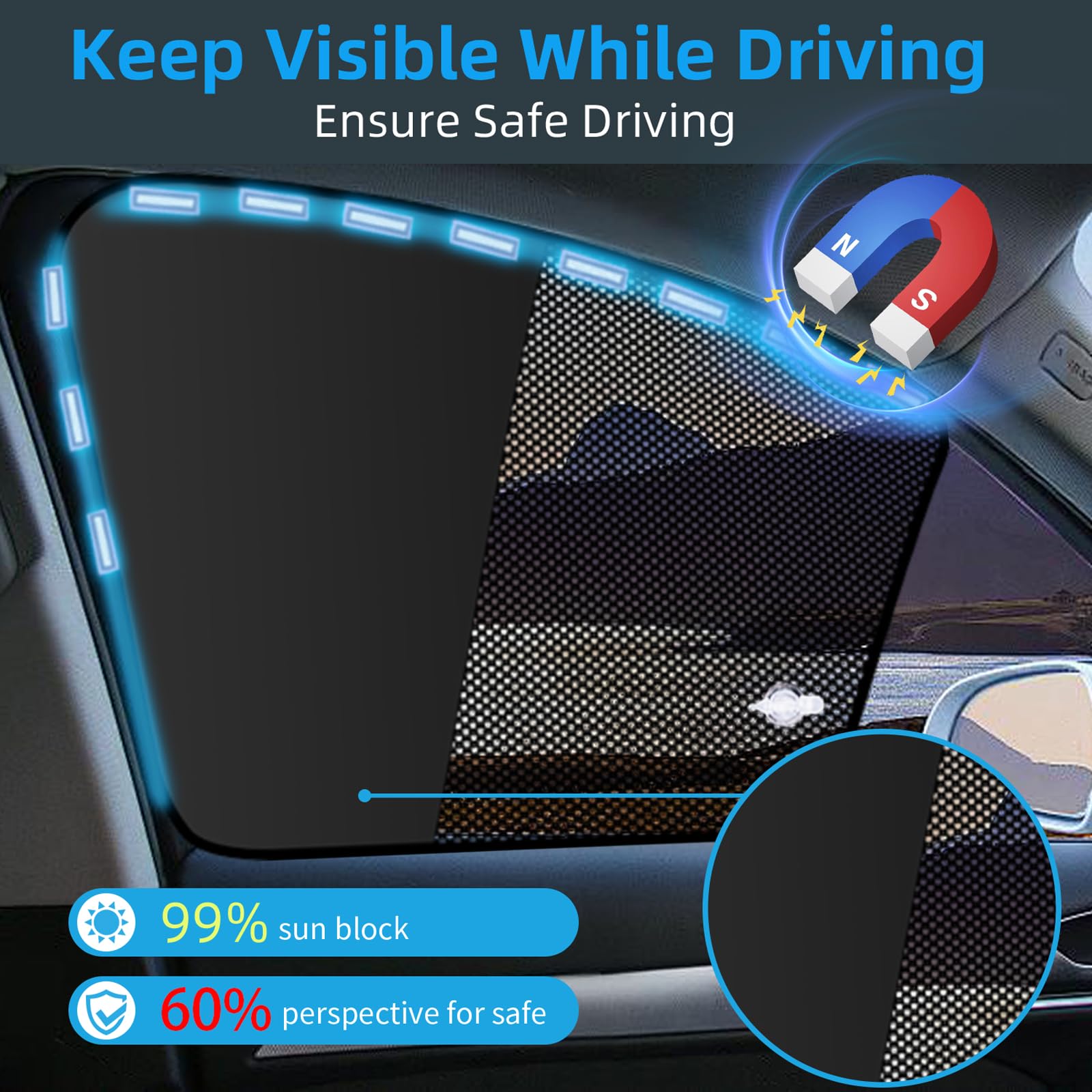 Car Window Shades for Side Window Magnetic Half Blackout & Half See-Through Driver Window Sun Shade Universal for Most Cars for