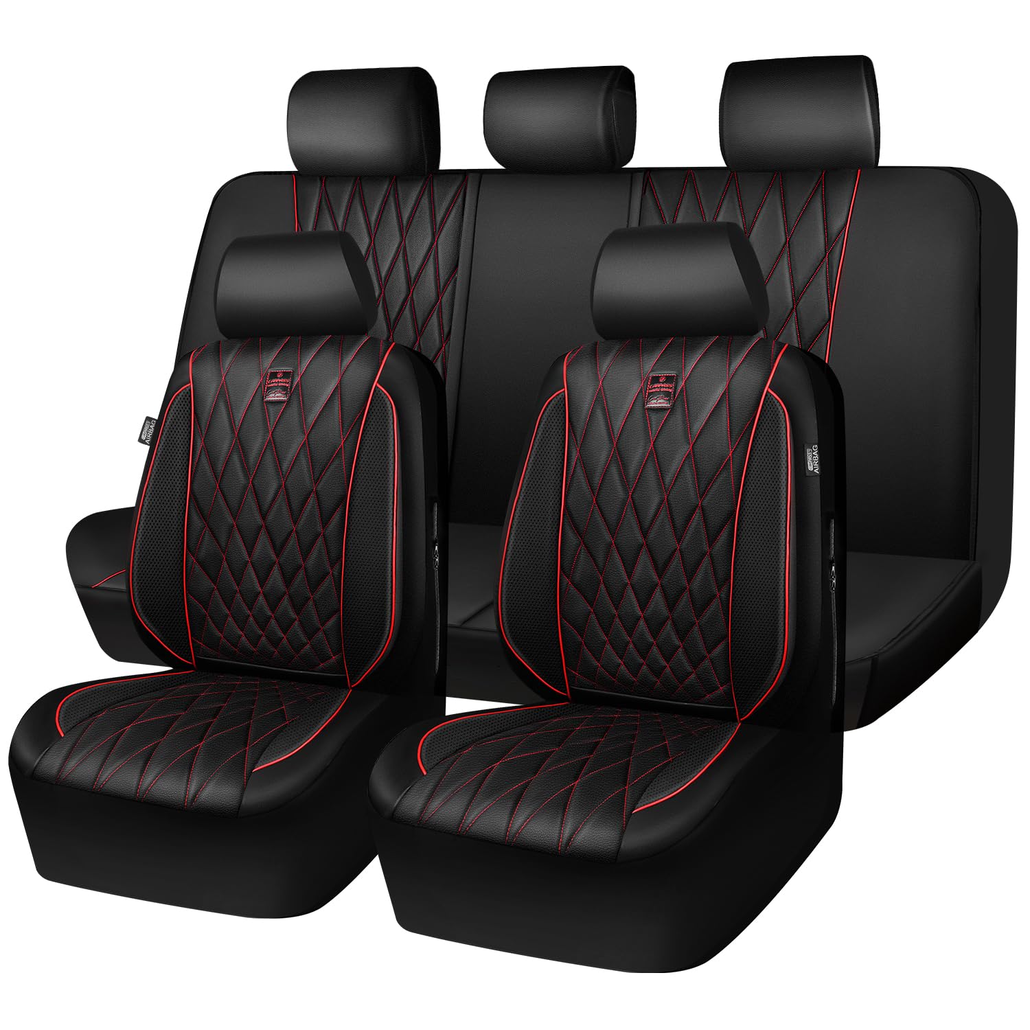 Car Pass Piping Luxury Leather Seat Covers Full Set,5 Seats Anti-Slip Waterproof Seat Covers Compatible With Front Armrests,Univ