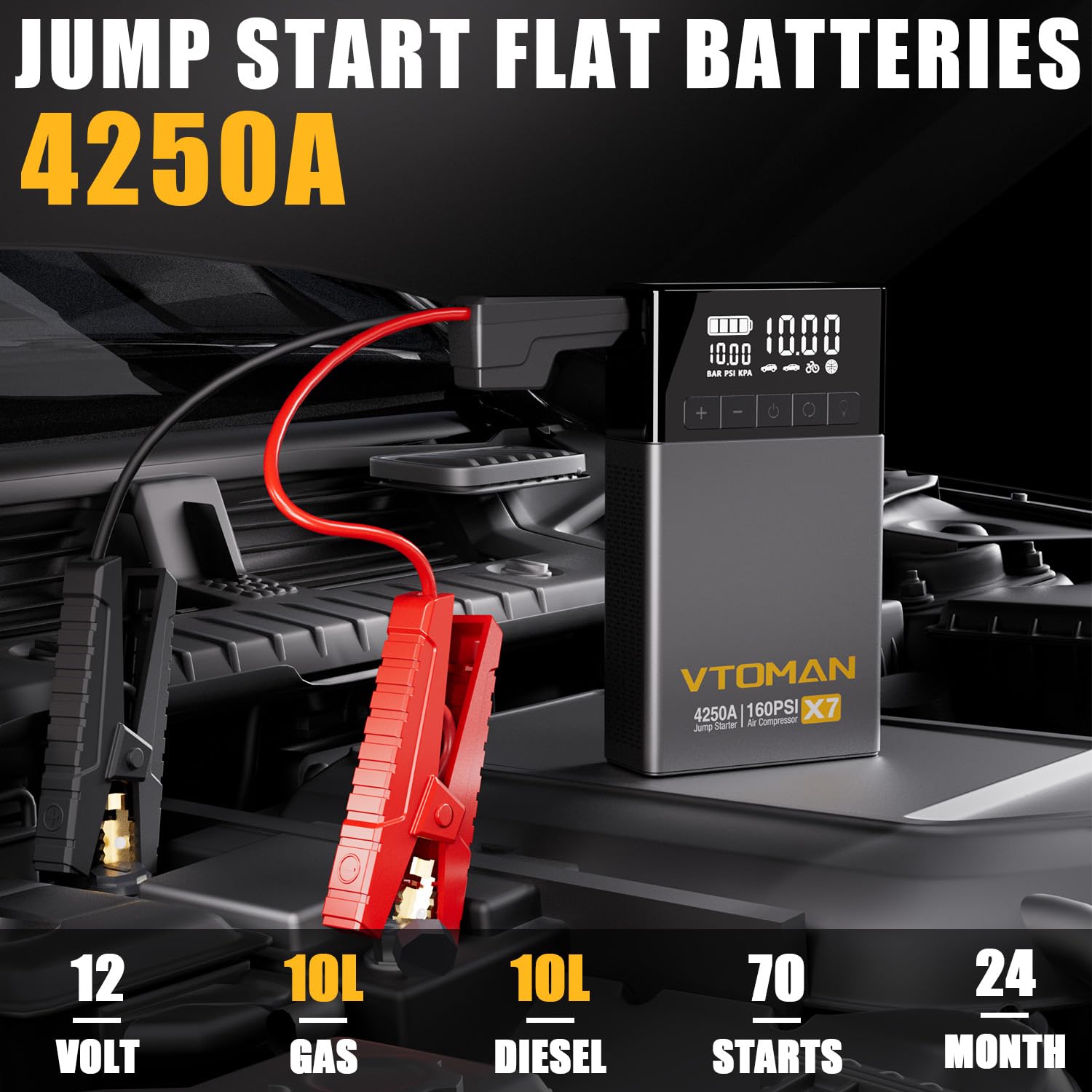 VTOMAN X7 Jump Starter & Air Compressor, 4250A, 160PSI for Trucks & SUVs, Portable 12V Lithium Booster, Gray