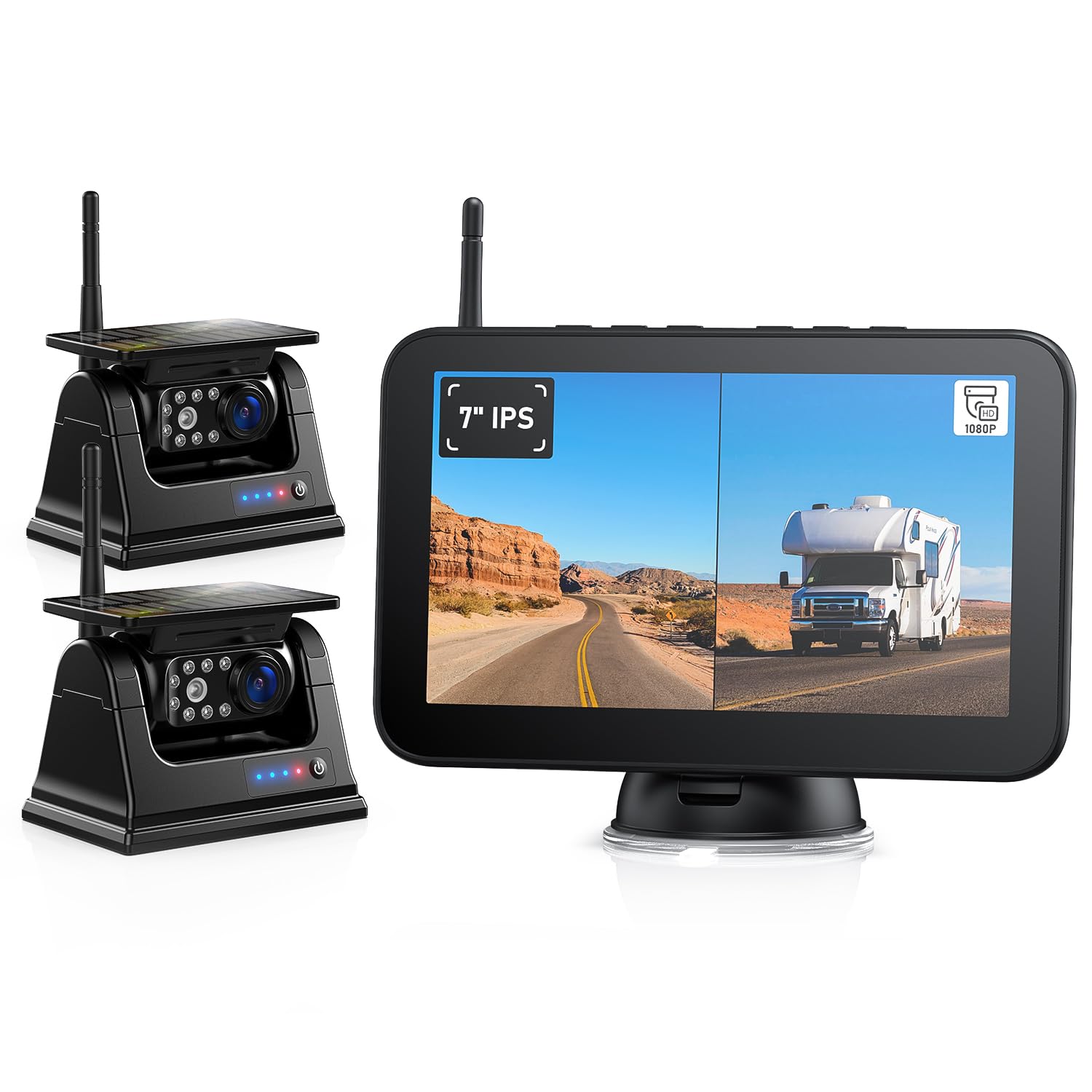 Zeroxclub Magnetic Solar Wireless Backup Camera Hd 1080P 7'' Dvr Monitor, Dual Rv Cameras Wireless System For Hitch Towing Trave