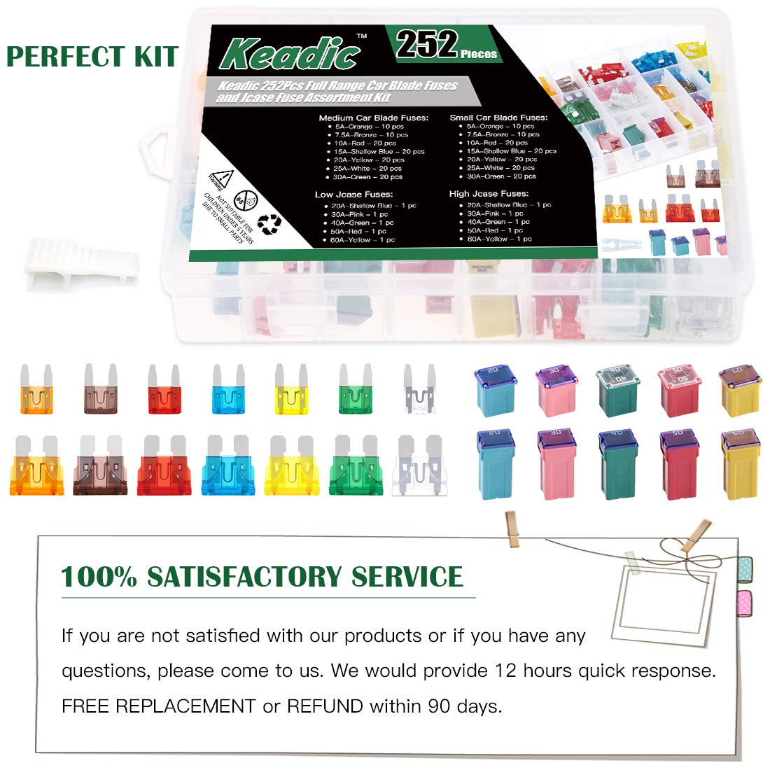 Keadic 252Pcs Full Range Car Blade Fuses Assortment Kit, Automotive Assorted Fuses With A Puller Tool For Ford Chevy/Gm Nissan A