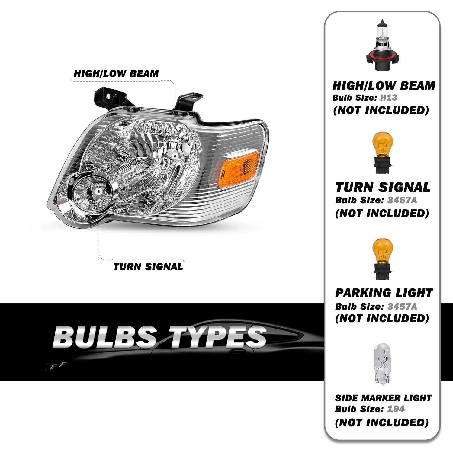 Sockir Headlight Assembly Replacement For 2006-2010 Ford Explorer Oe Style Headlamp Passenger & Driver Side(Chrome Housing With Amber Reflector)