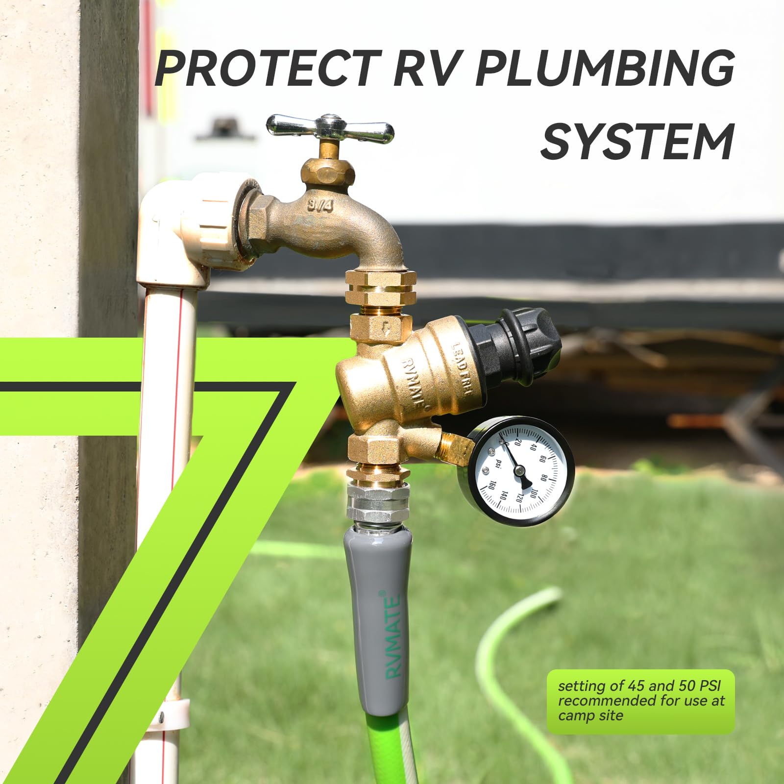 Rvmate Rv Water Pressure Regulator With Adjustable Knob, Brass Lead-Free Water Pressure Reducer Kit, Adjustable Valve With Inlet
